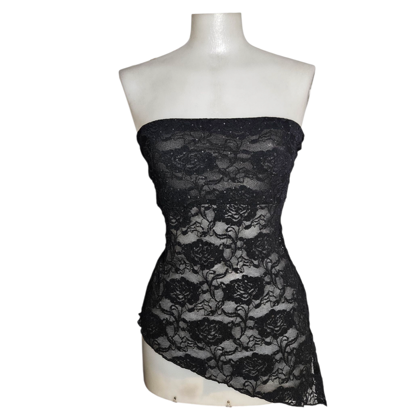 Black lace asymmetric strapless top
