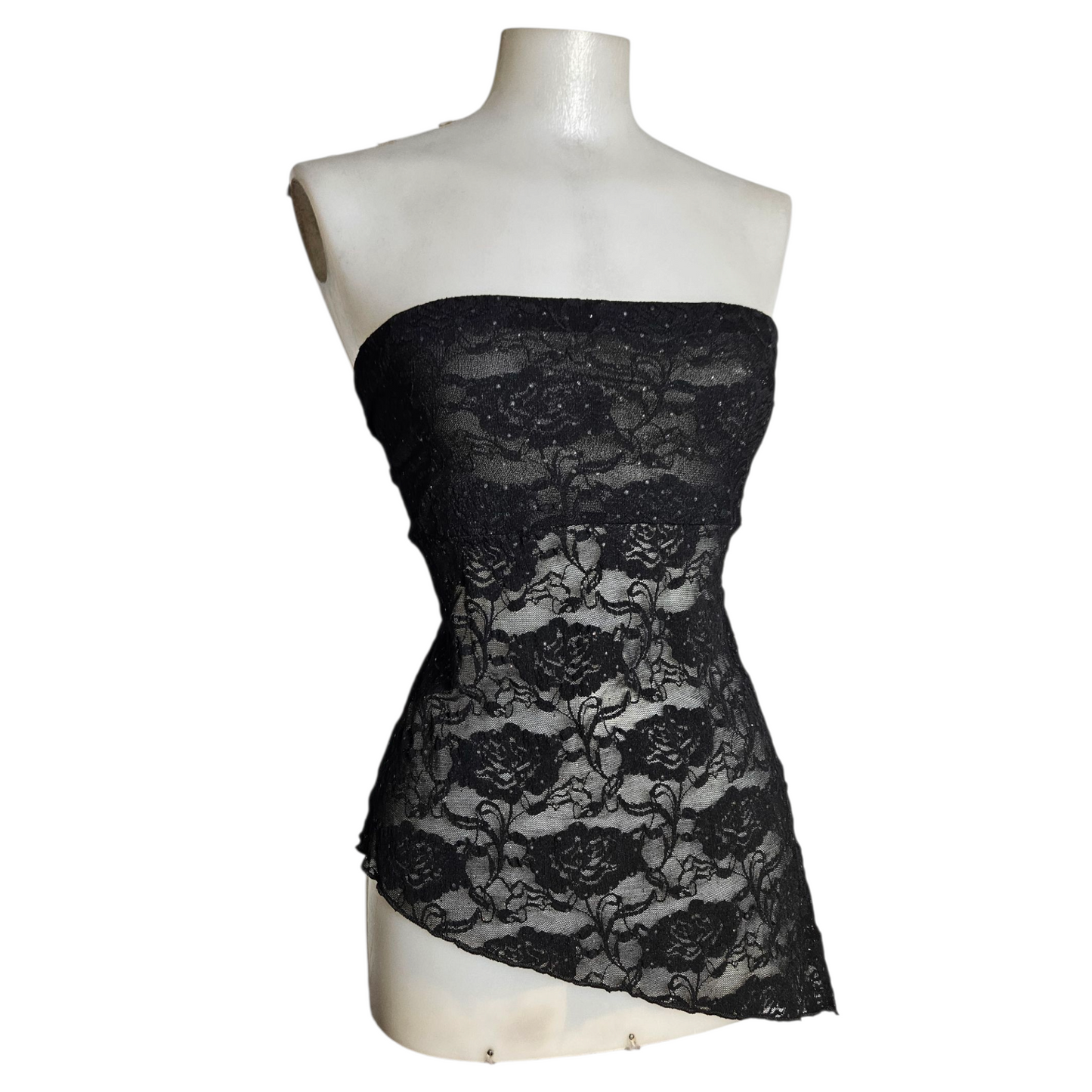 Black lace asymmetric strapless top