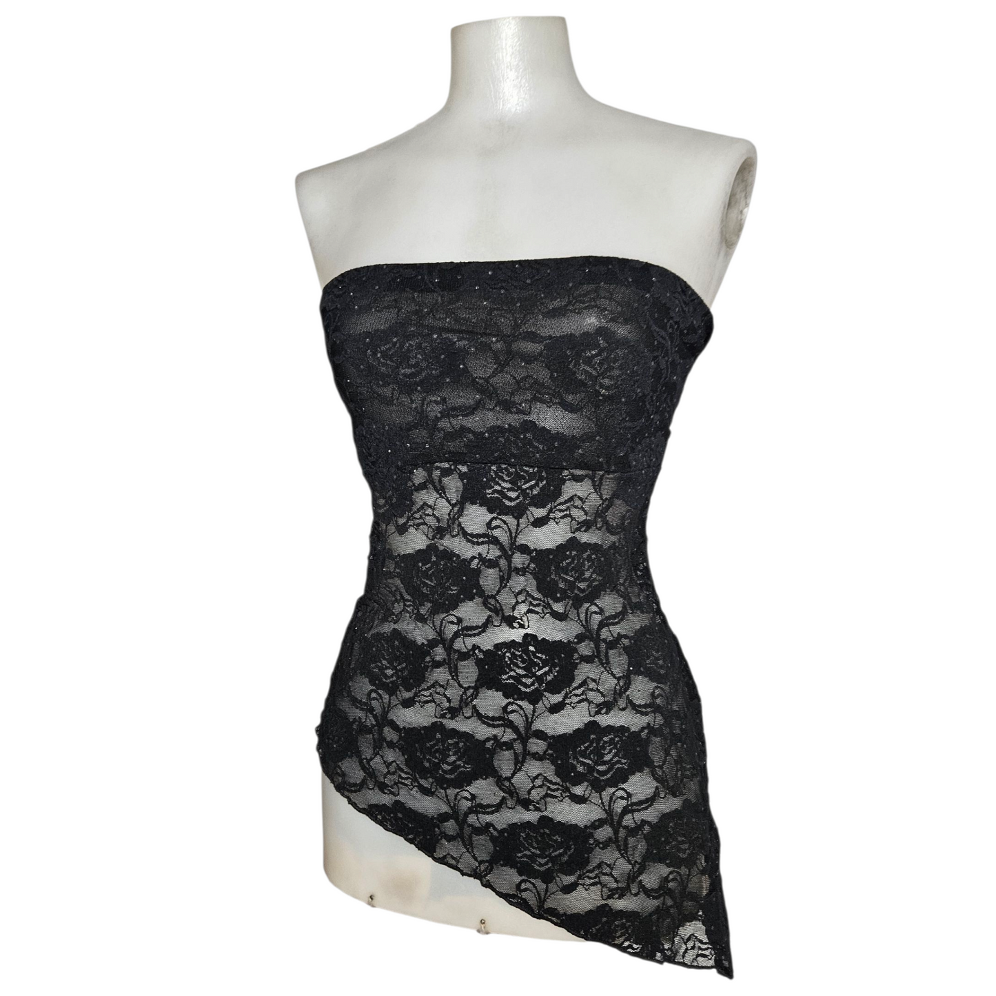 Black lace asymmetric strapless top