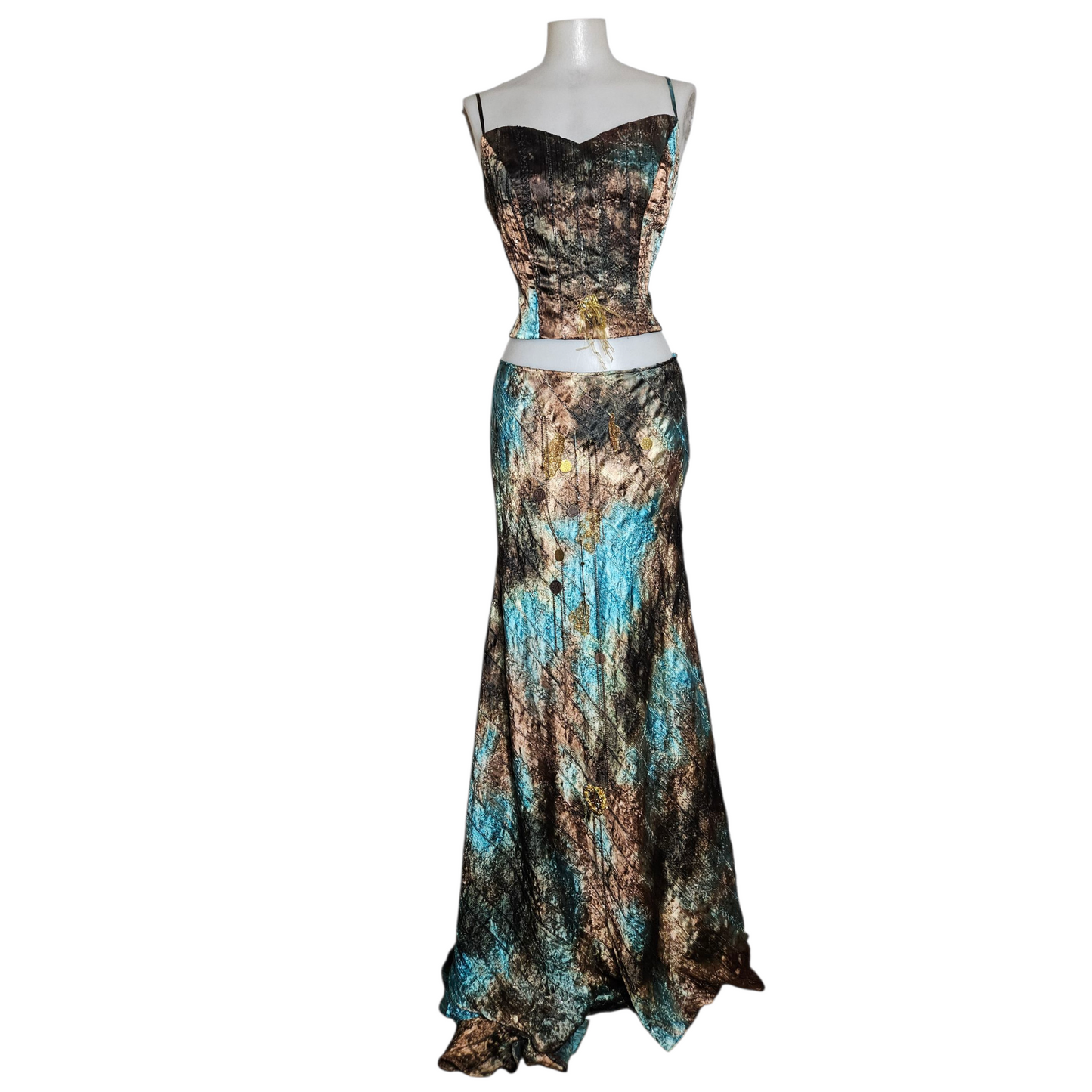 Ensemble de soirée brodé tie and Dye bleu et vert