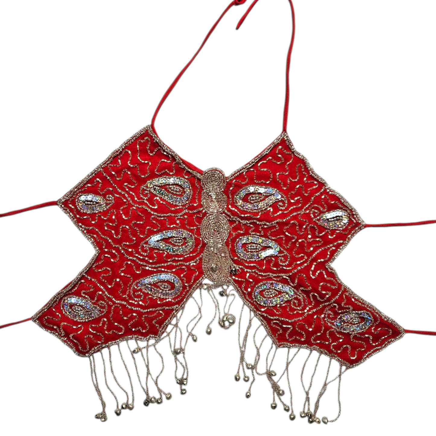 Haut papillon rouge brodé de perles et sequins