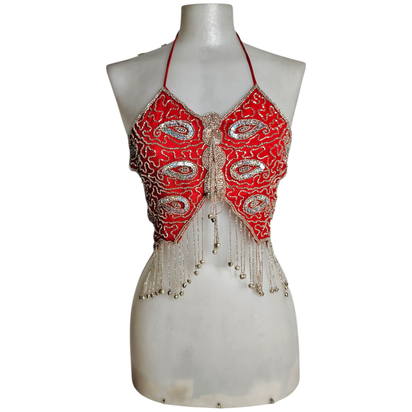 Haut papillon rouge brodé de perles et sequins