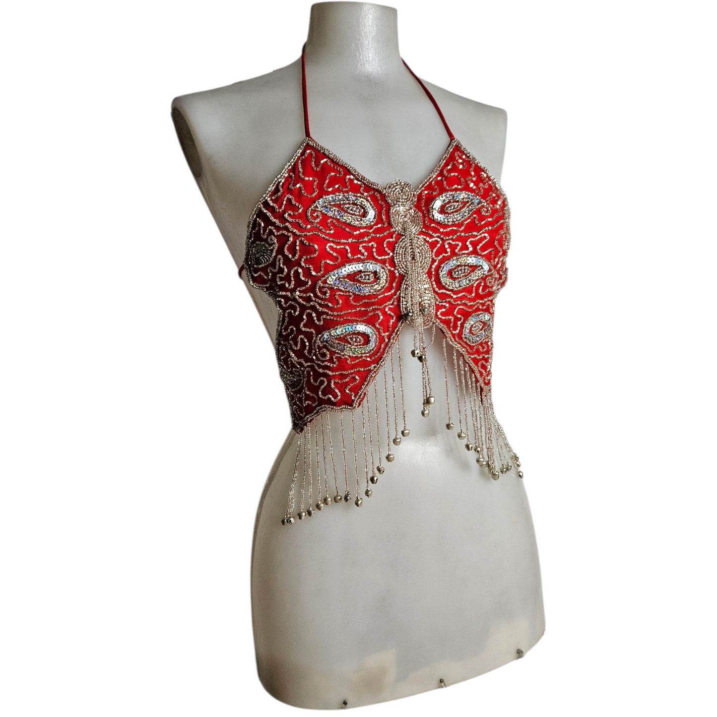 Haut papillon rouge brodé de perles et sequins