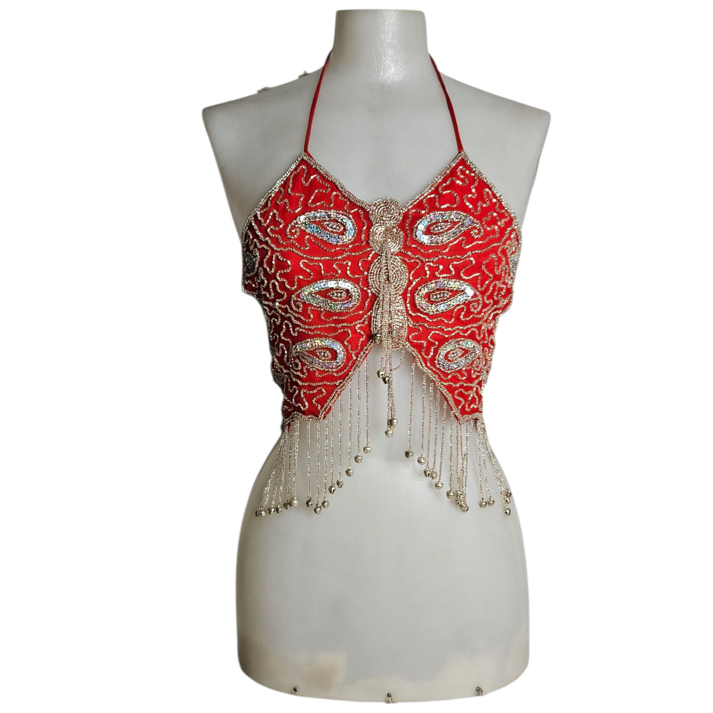 Haut papillon rouge brodé de perles et sequins