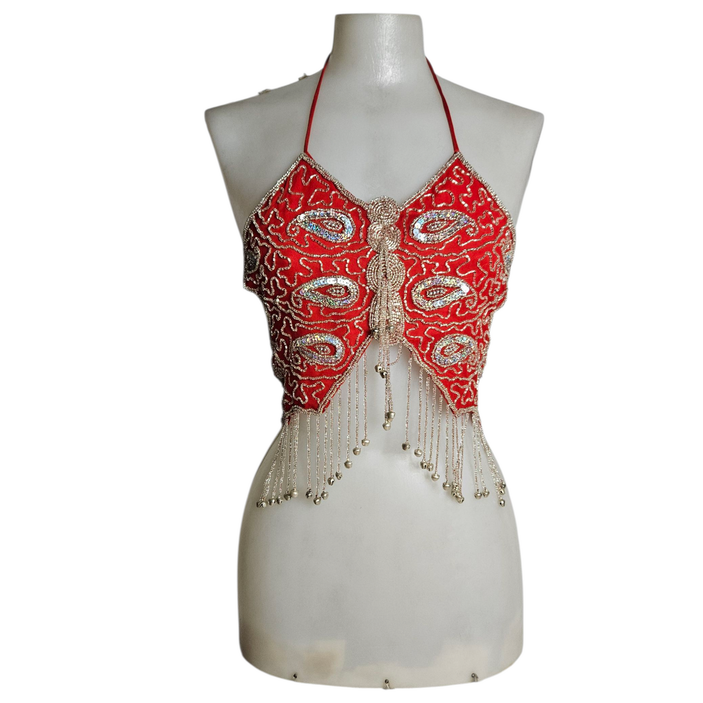 Haut papillon rouge brodé de perles et sequins