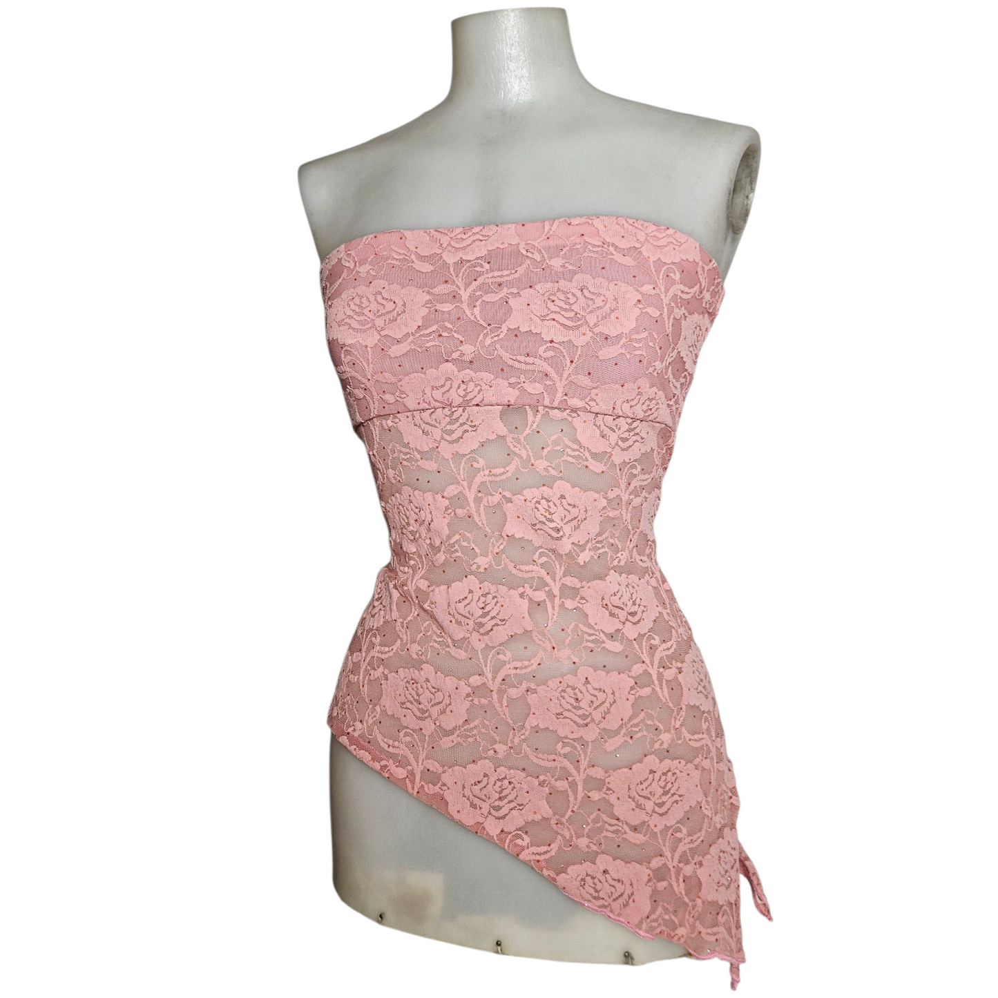 Haut strapless rose asymétrique en dentelle