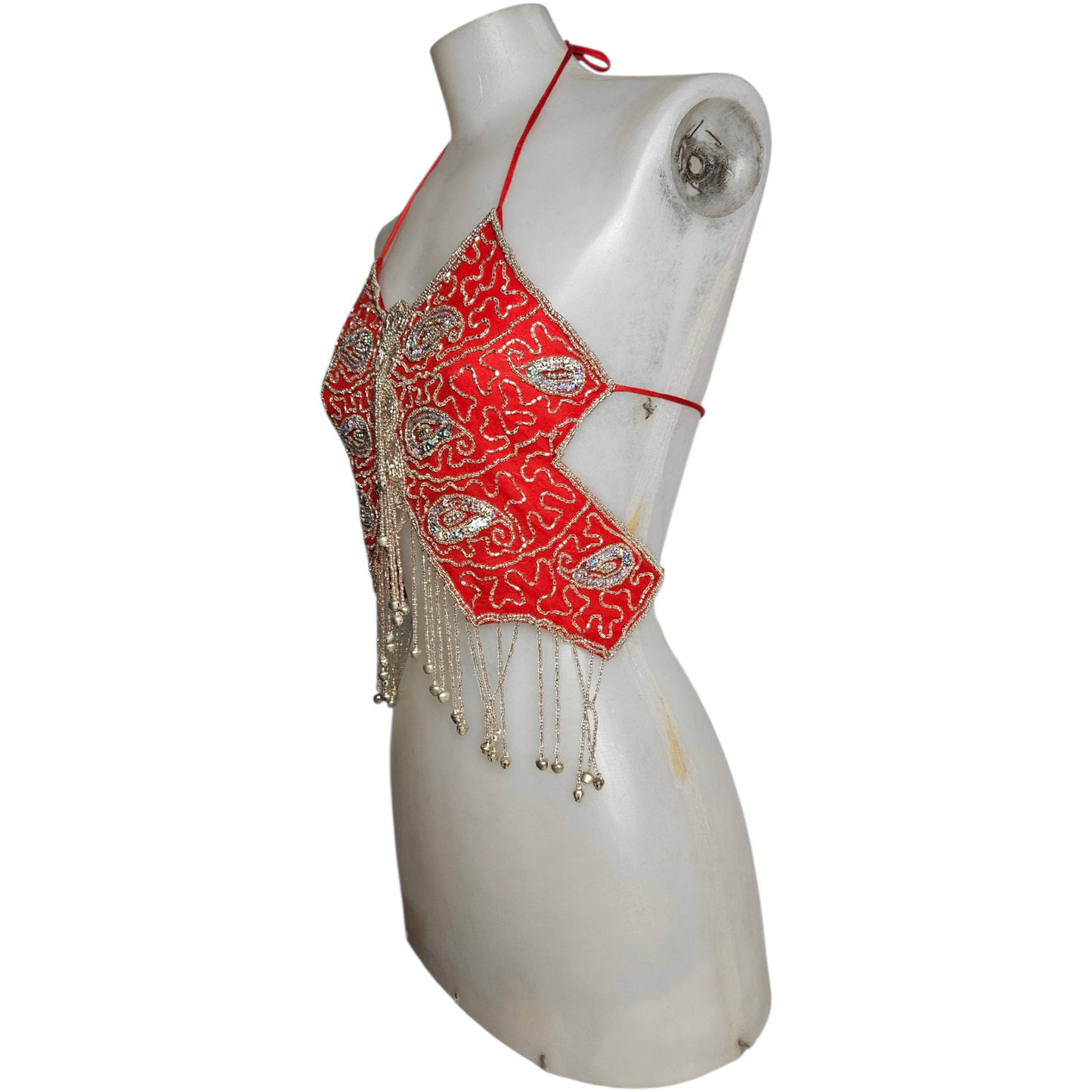 Haut papillon rouge brodé de perles et sequins