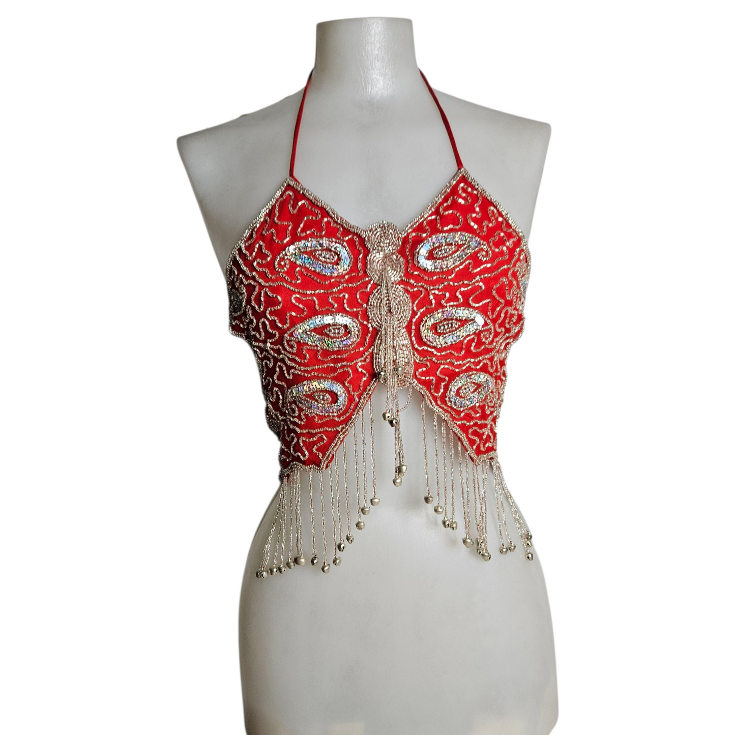 Haut papillon rouge brodé de perles et sequins