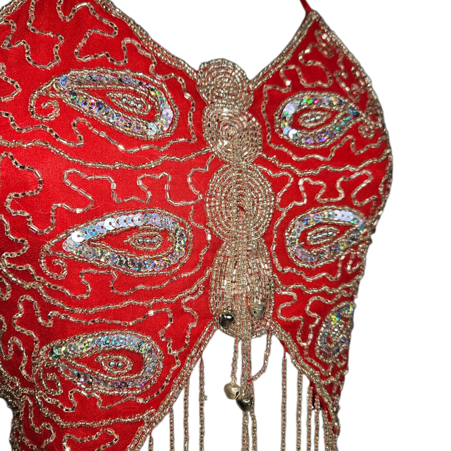 Haut papillon rouge brodé de perles et sequins