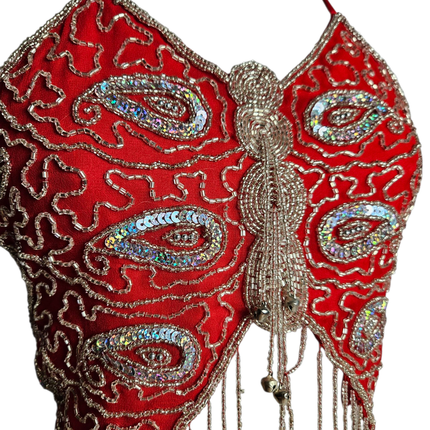 Haut papillon rouge brodé de perles et sequins