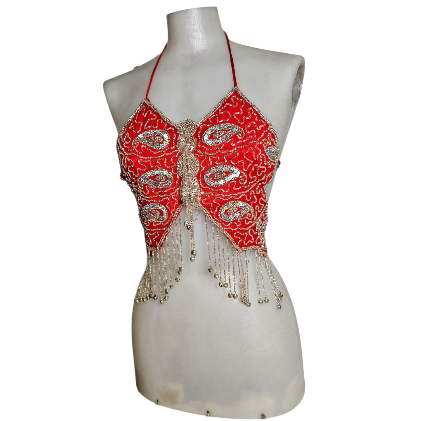 Haut papillon rouge brodé de perles et sequins