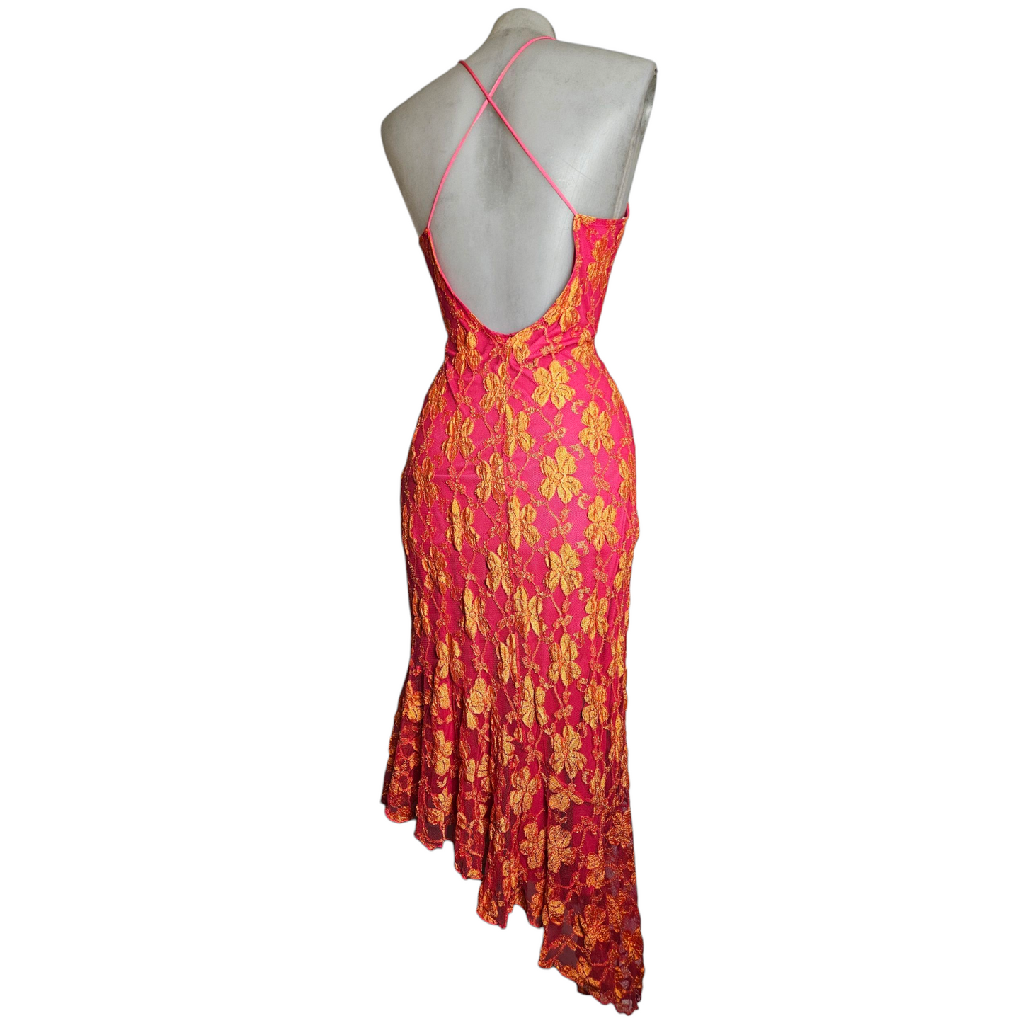 Robe dos nu en dentelle florale rose et orange