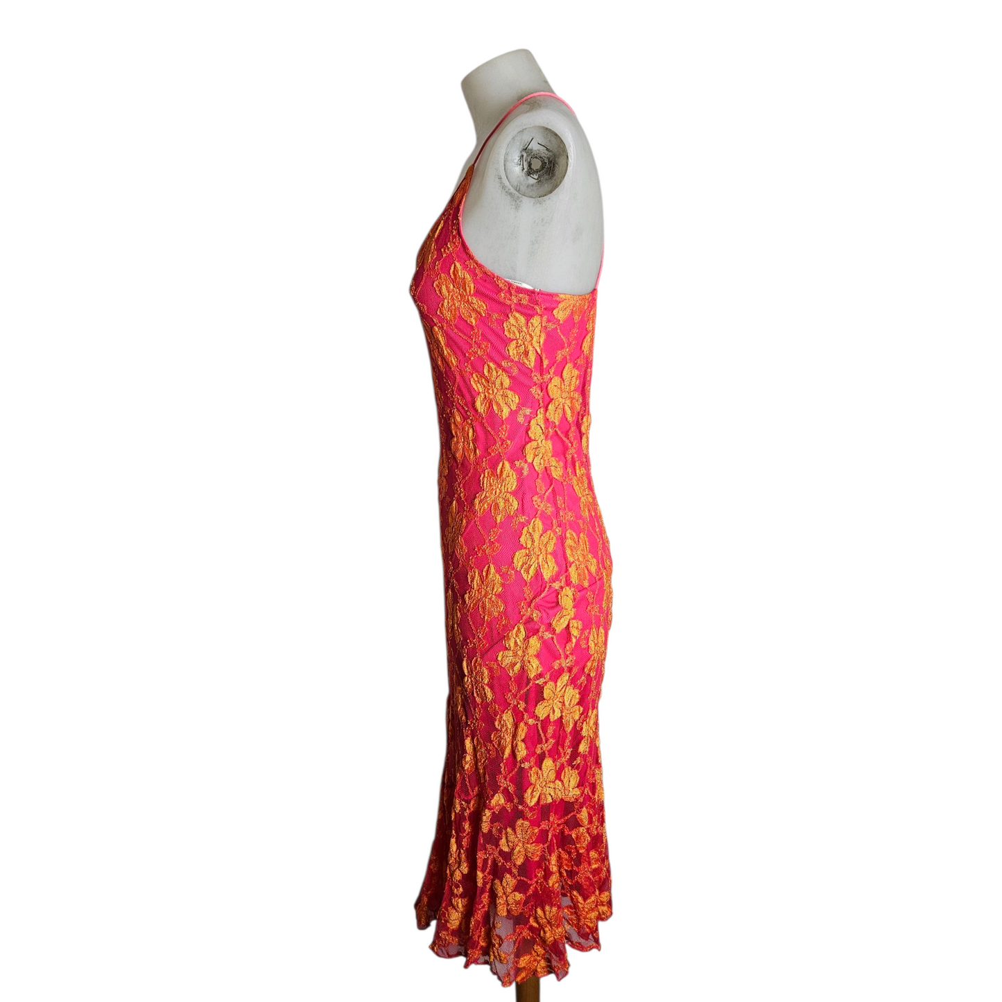 Robe dos nu en dentelle florale rose et orange