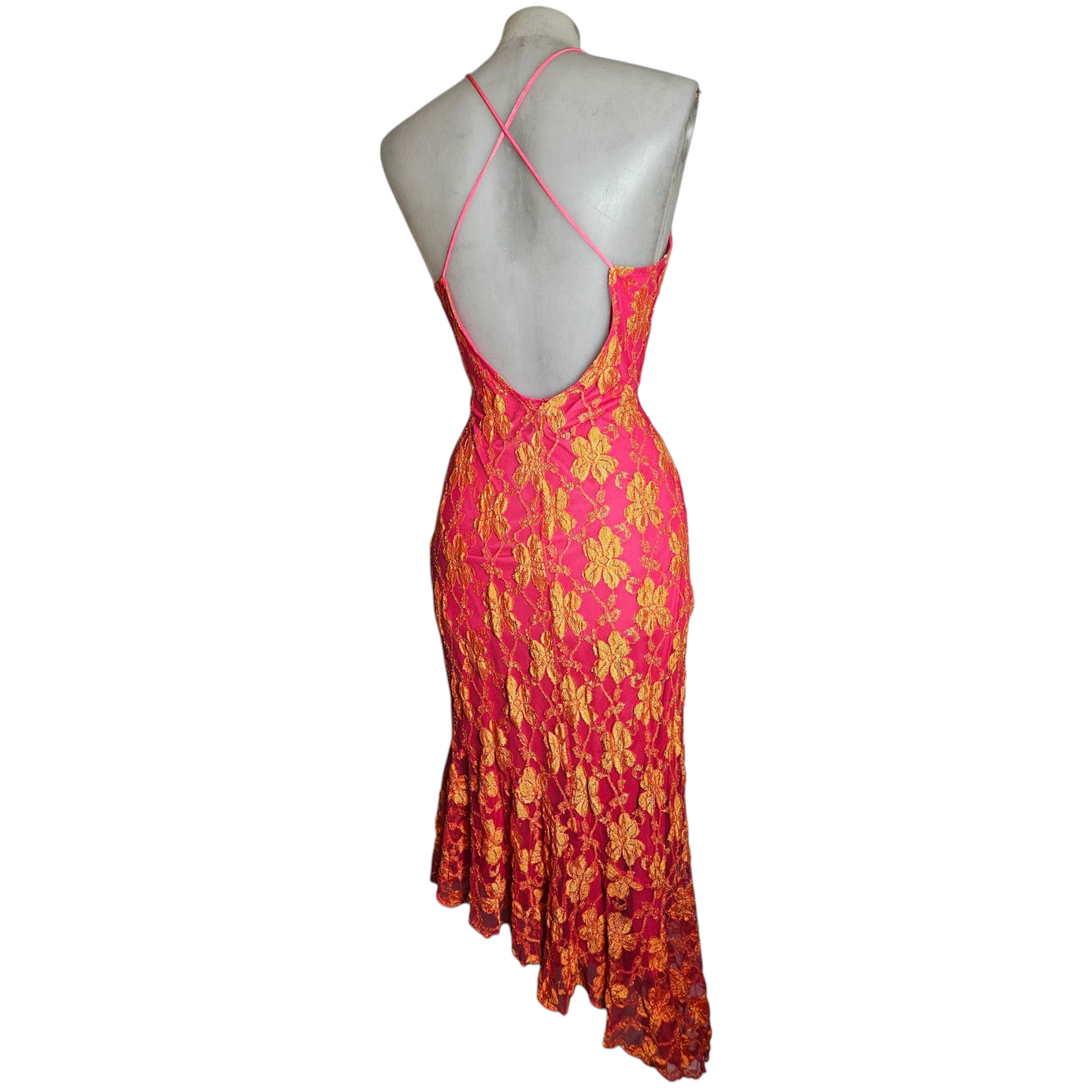 Robe dos nu en dentelle florale rose et orange