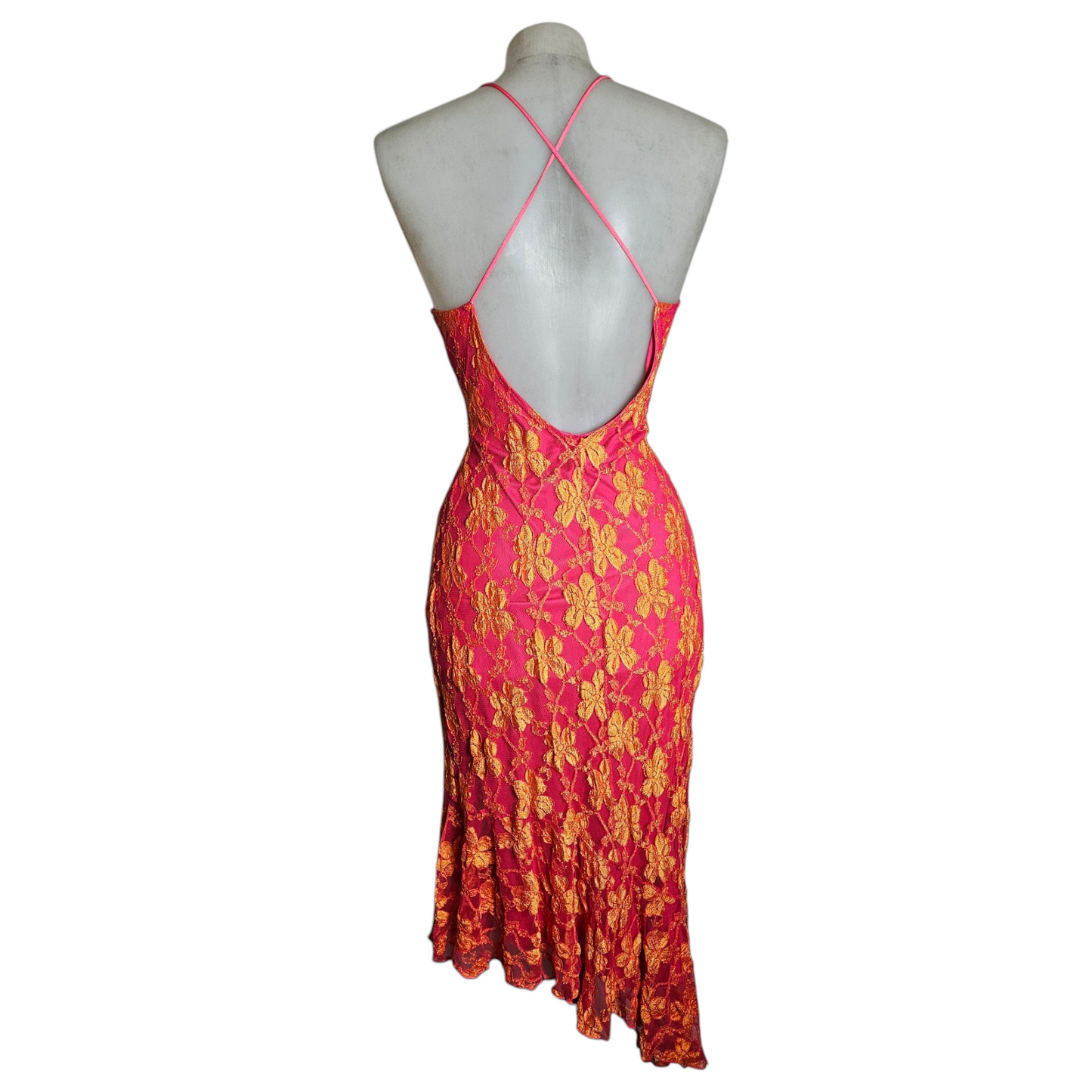 Robe dos nu en dentelle florale rose et orange