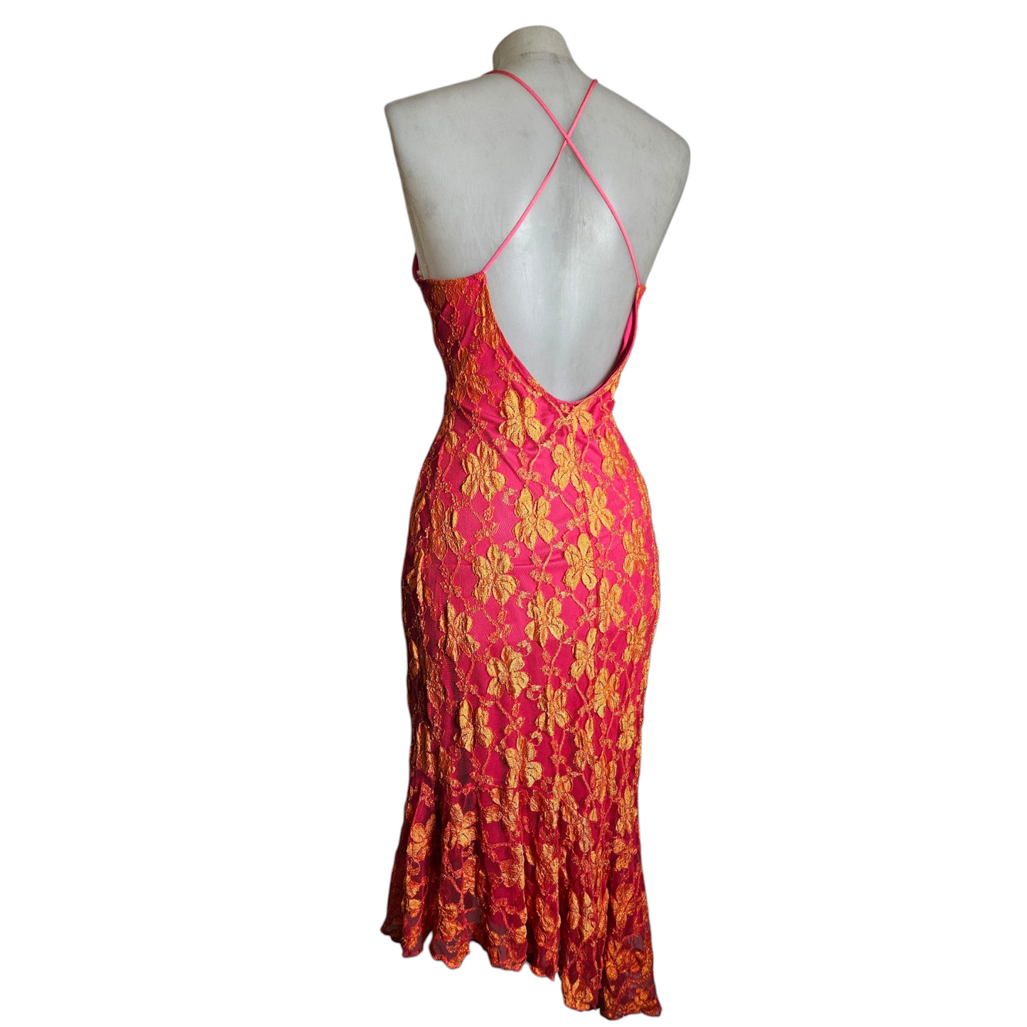 Robe dos nu en dentelle florale rose et orange