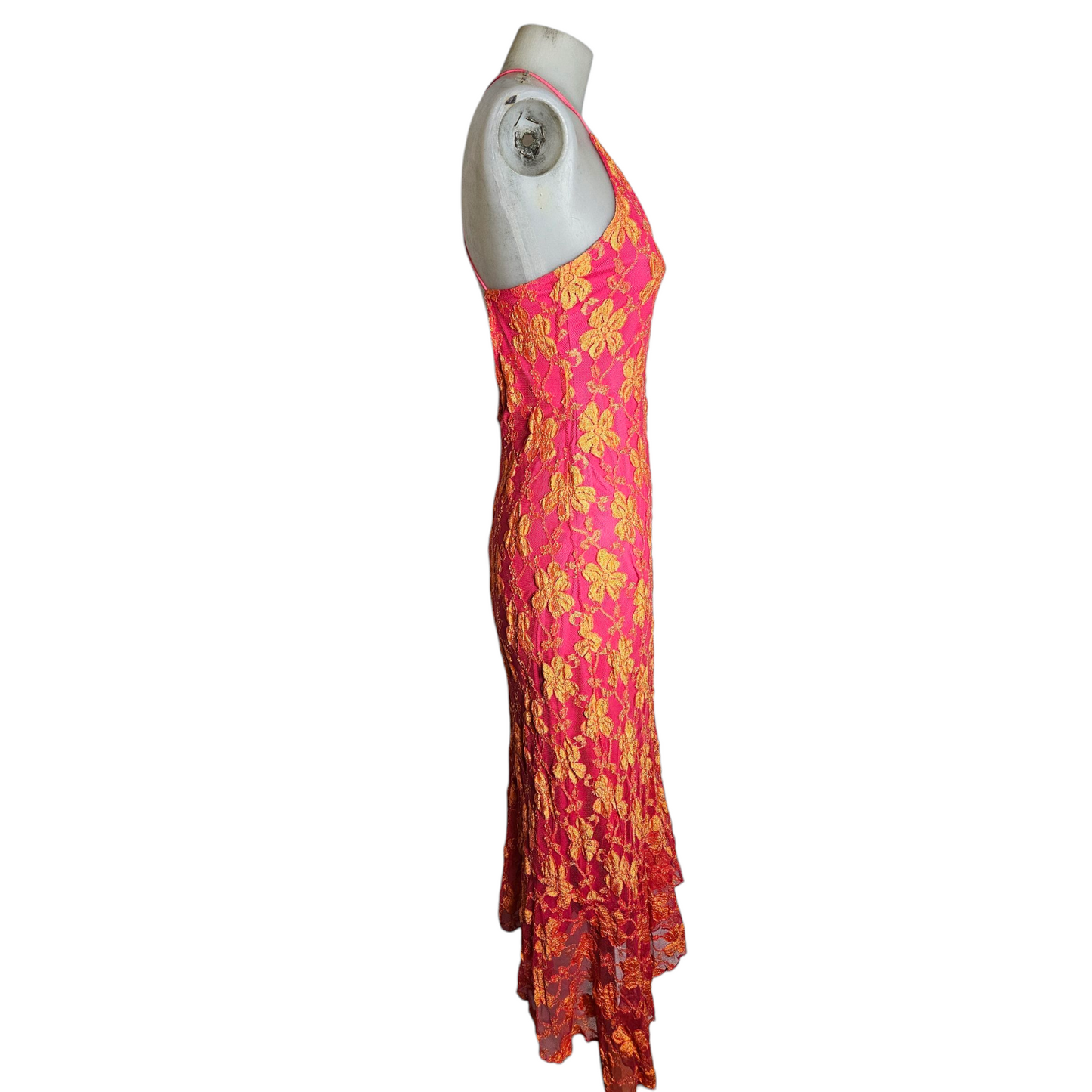 Robe dos nu en dentelle florale rose et orange