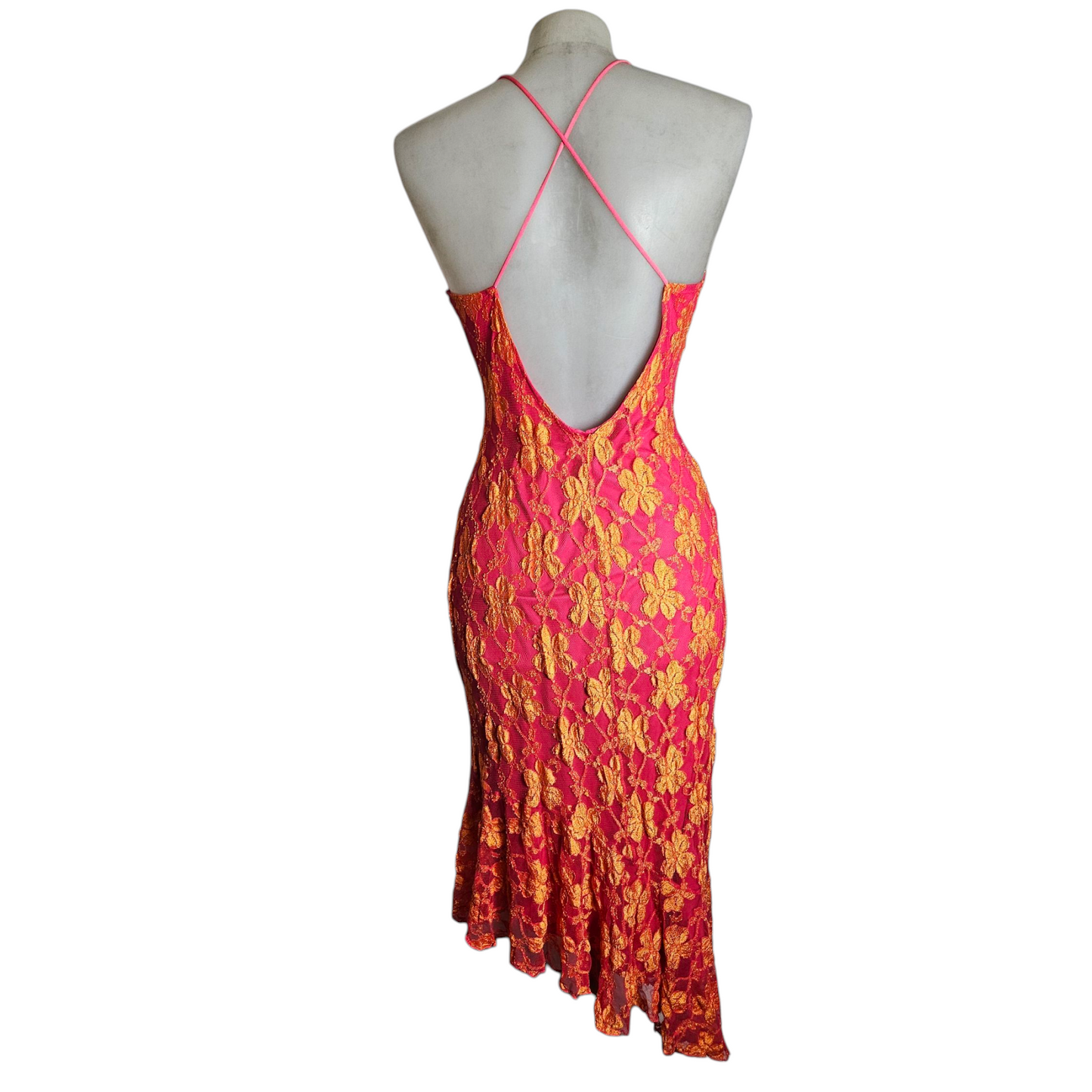 Robe dos nu en dentelle florale rose et orange