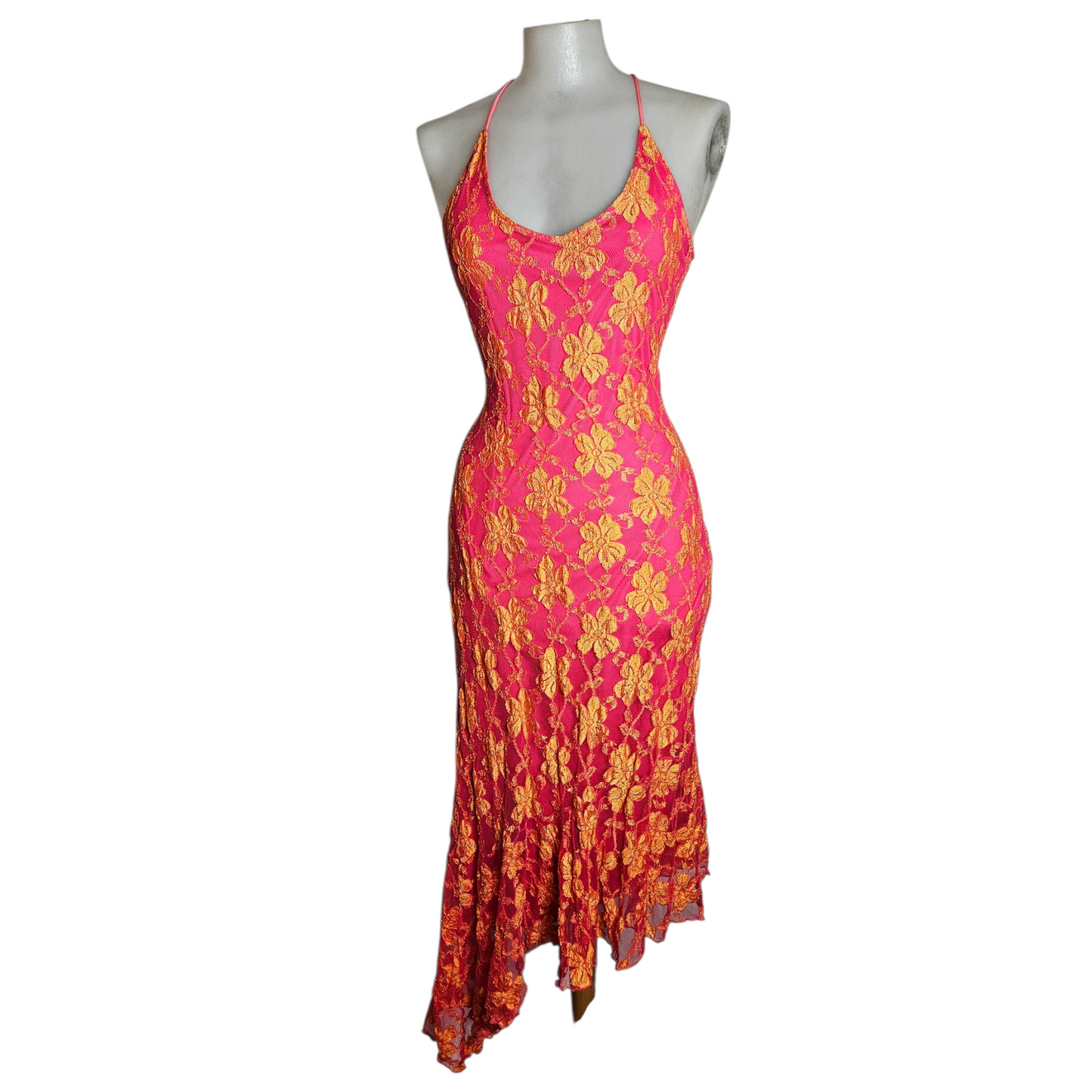 Robe dos nu en dentelle florale rose et orange