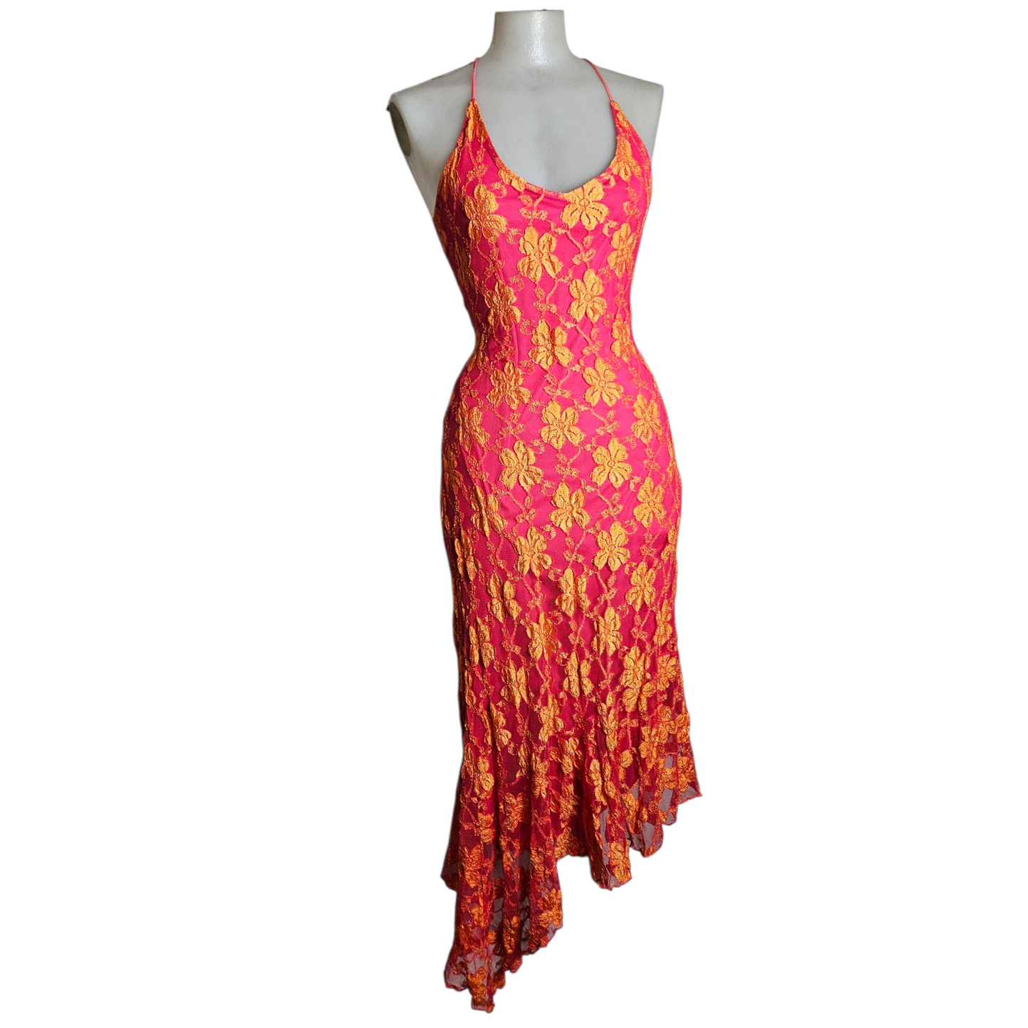Robe dos nu en dentelle florale rose et orange