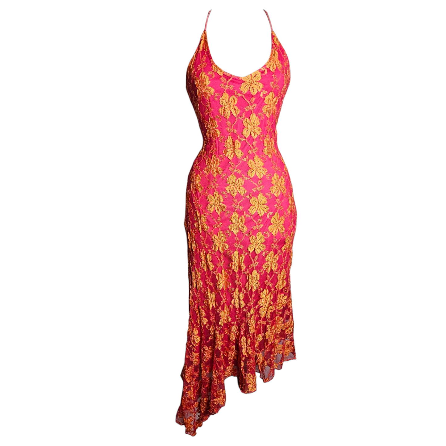 Robe dos nu en dentelle florale rose et orange