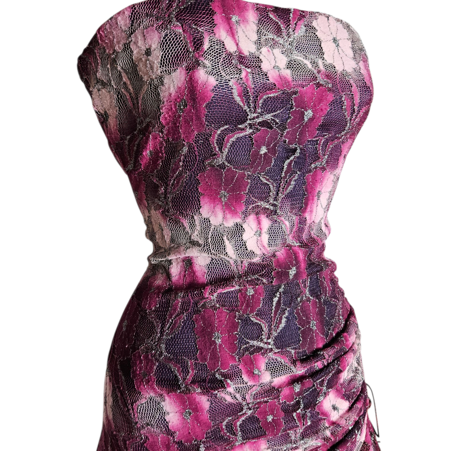 Robe strapless dentelle violette et rose