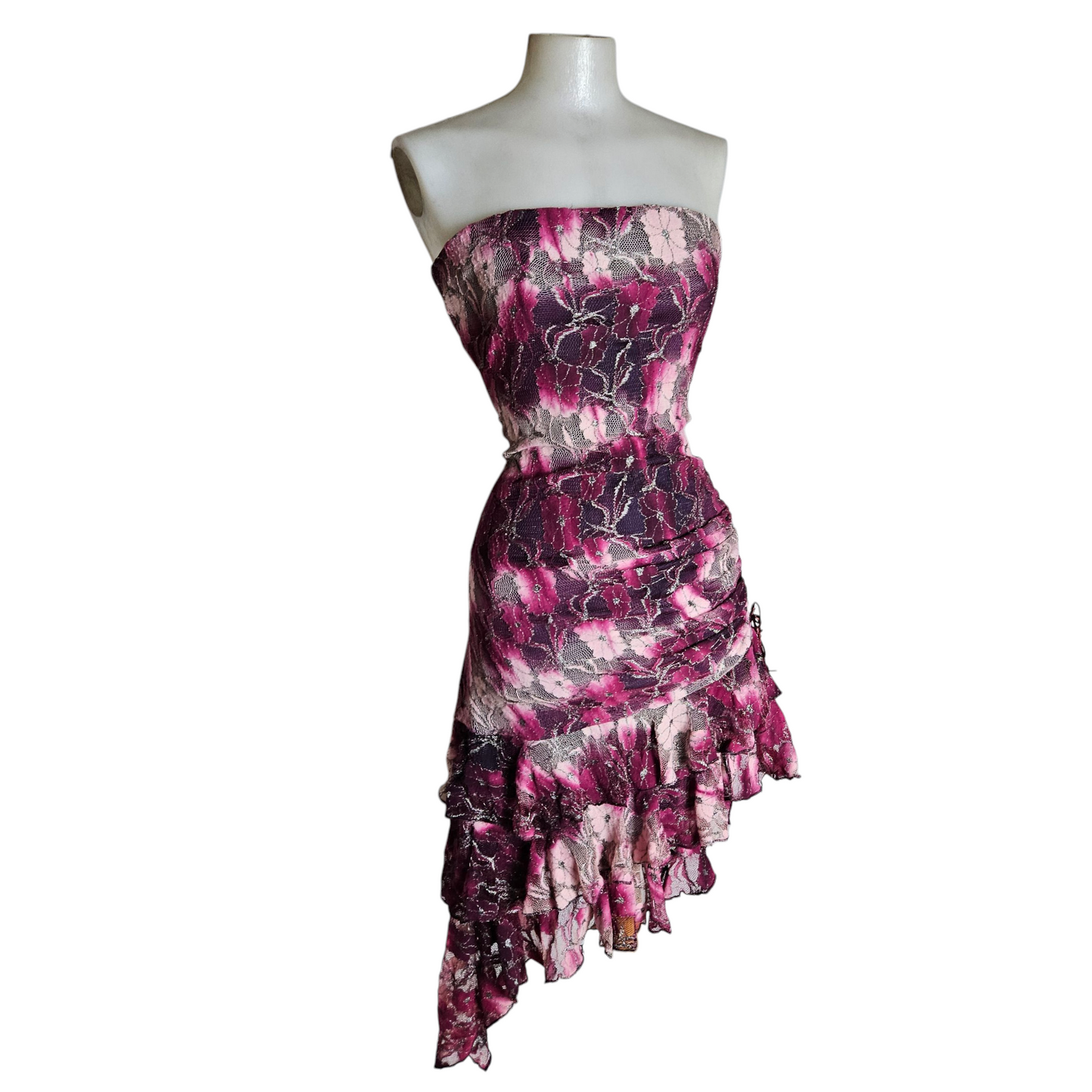 Robe strapless dentelle violette et rose