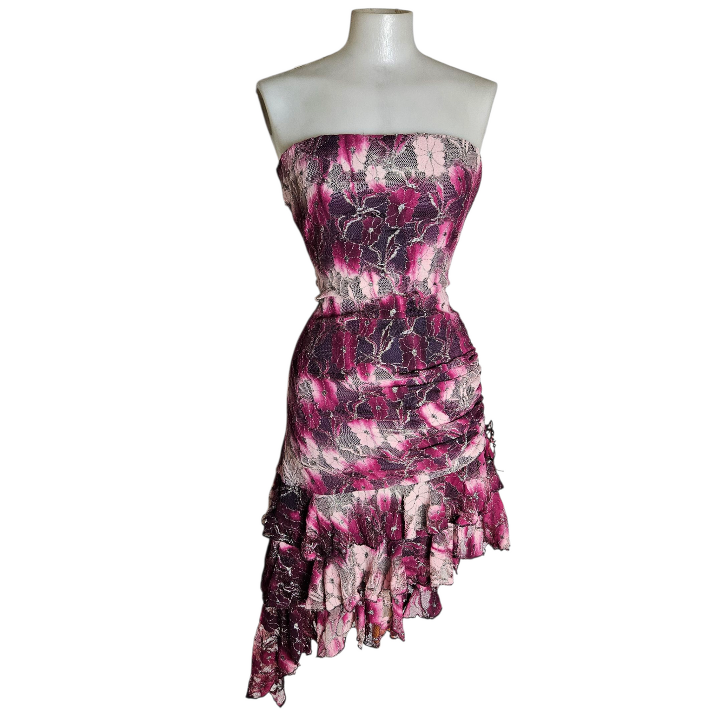 Robe strapless dentelle violette et rose