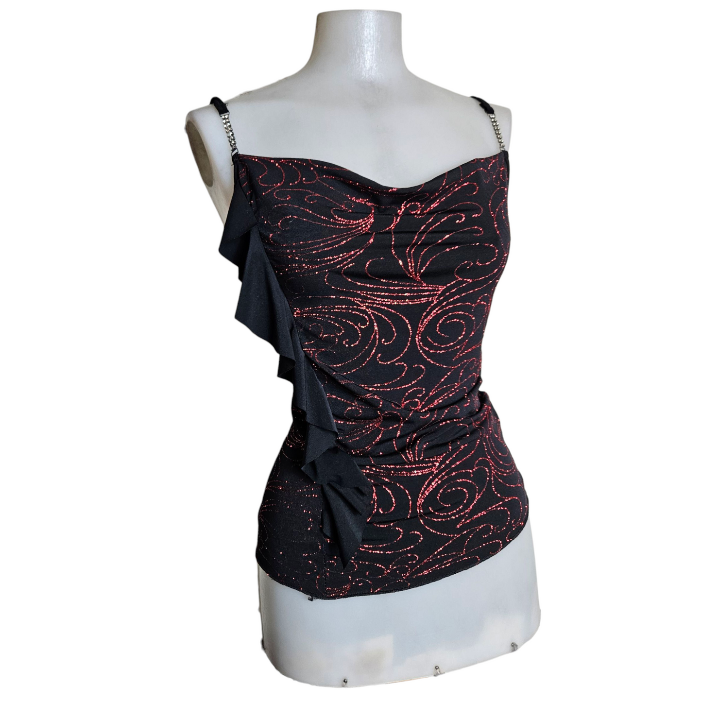 Red rhinestone cowl neck top