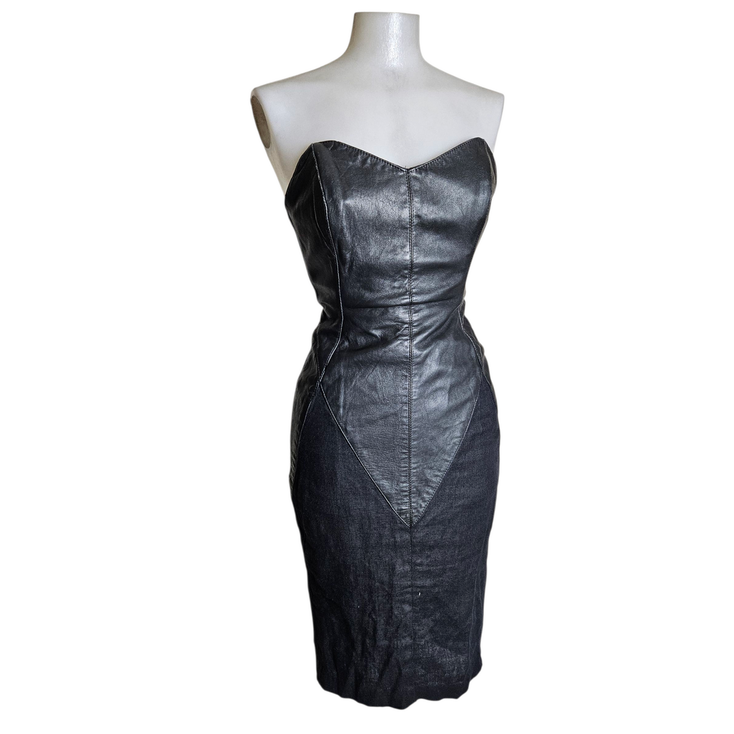 Leather and linen strapless dress
