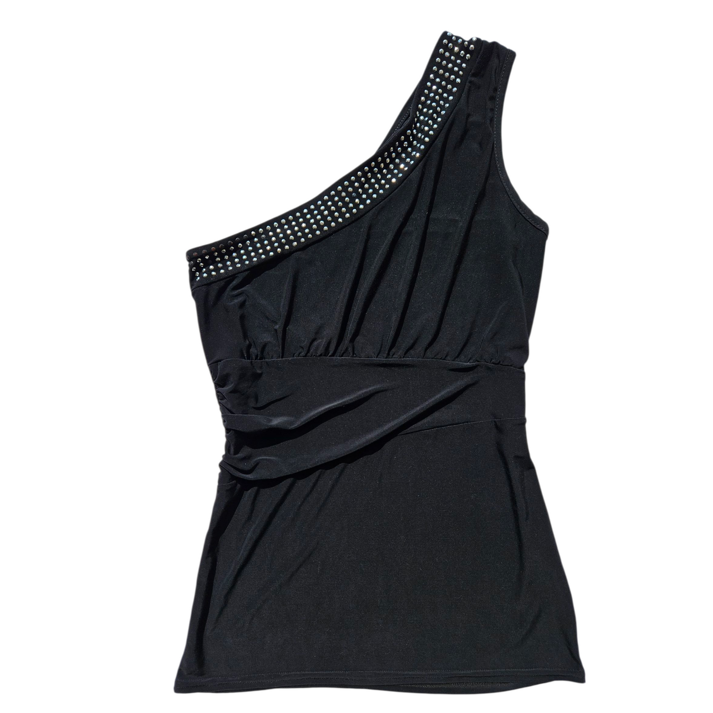 Black asymmetrical top with rhinestones