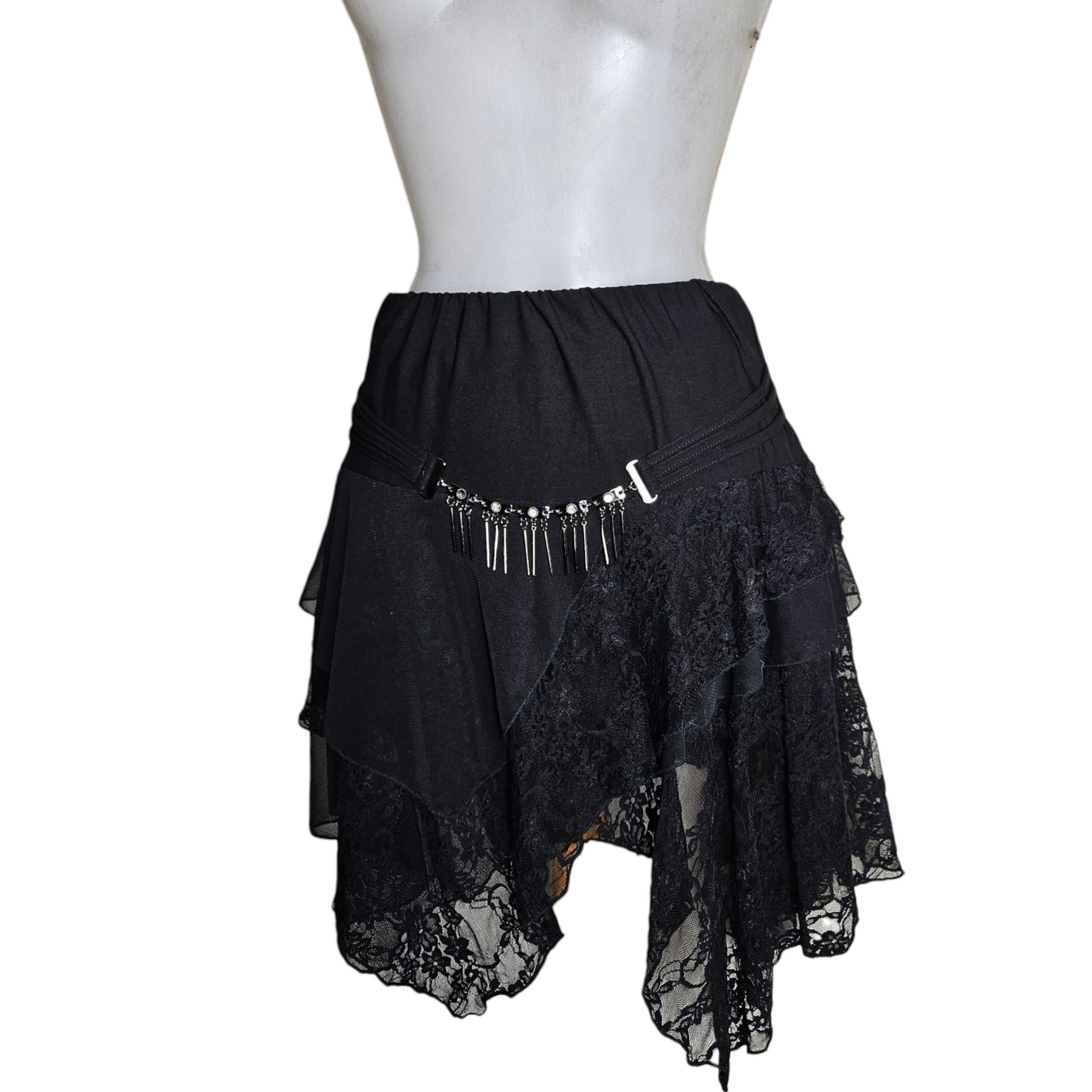 Asymmetrical lace skirt with chain details