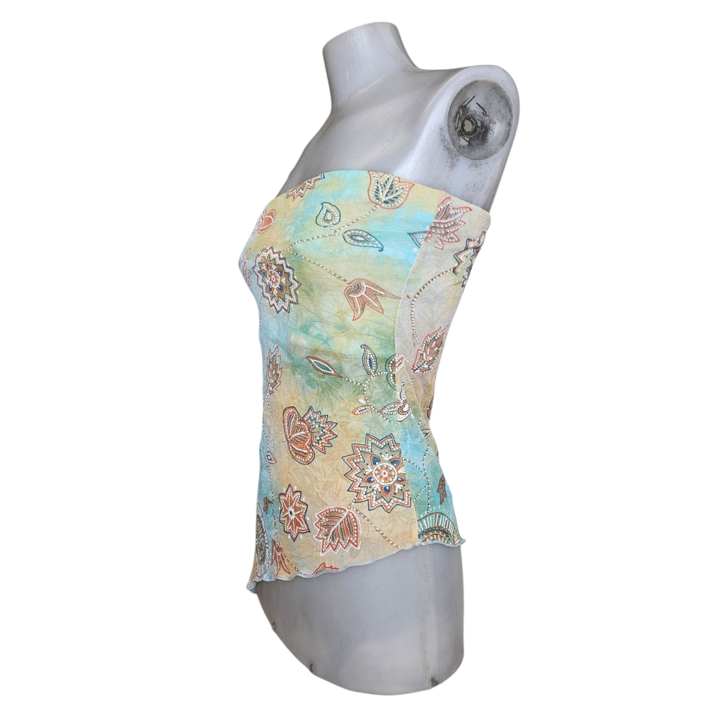 Blue and beige tie-dye strapless top