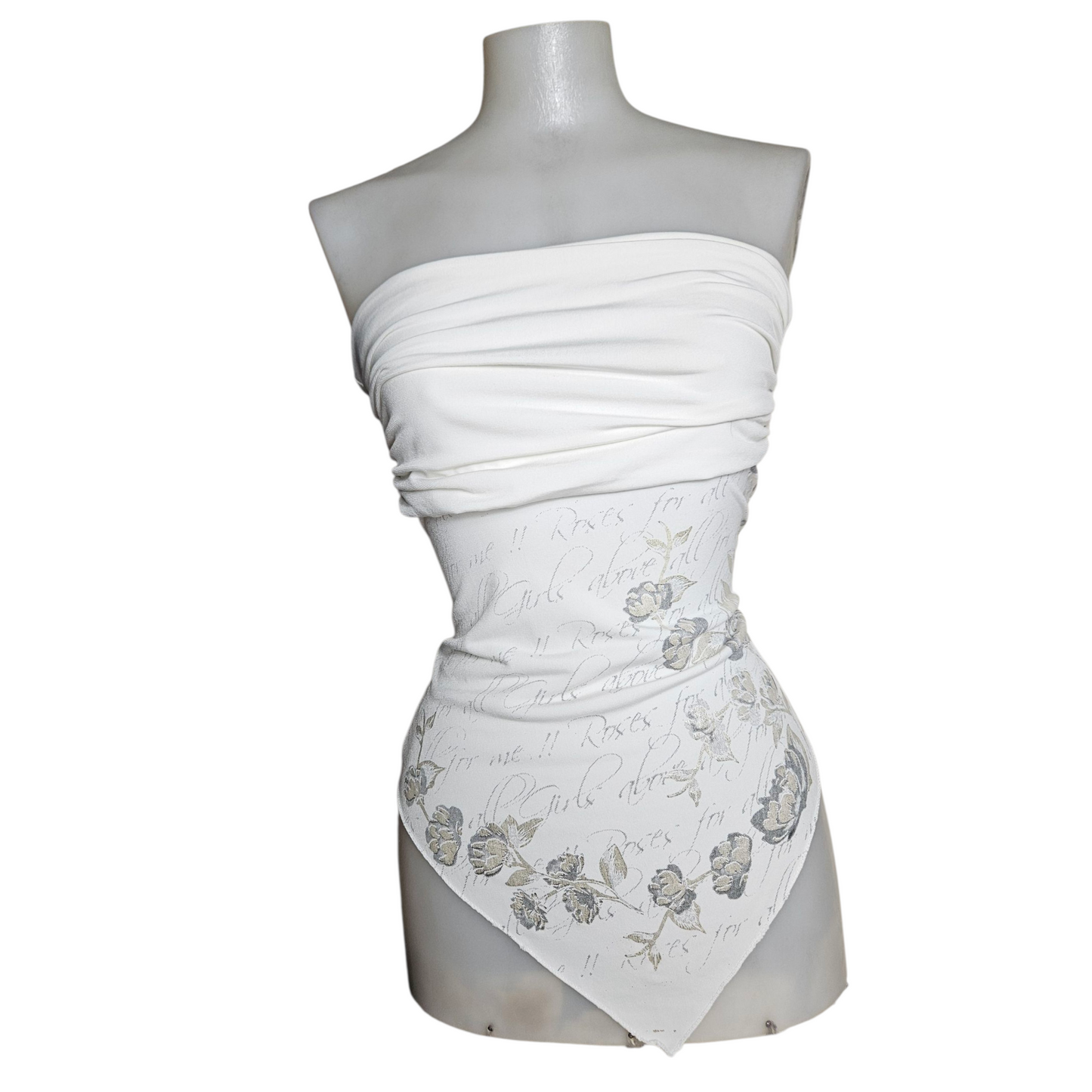 Haut strapless blanc motif fleurs argentées