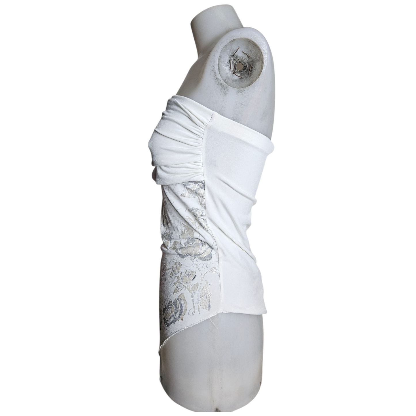 Haut strapless blanc motif fleurs argentées