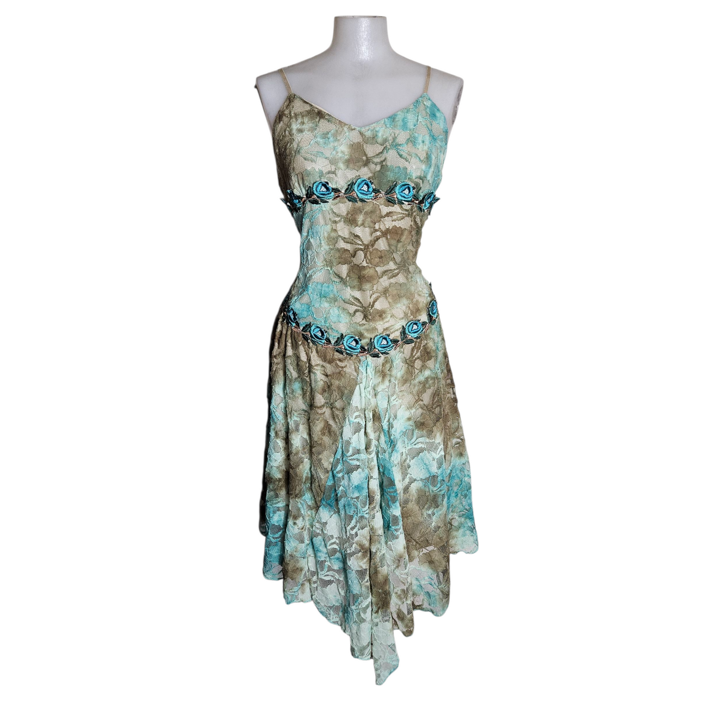 Brown and blue tie-dye floral dress