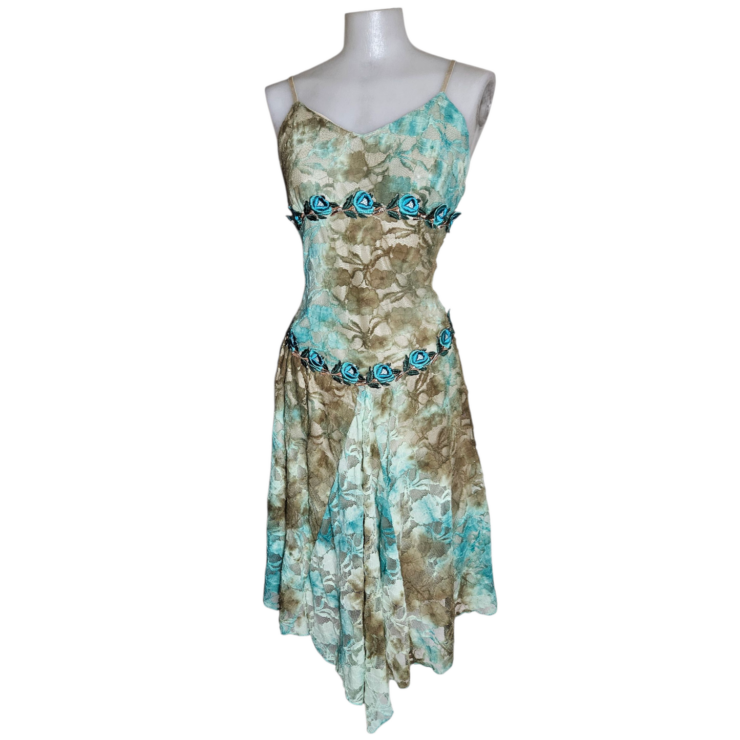 Brown and blue tie-dye floral dress
