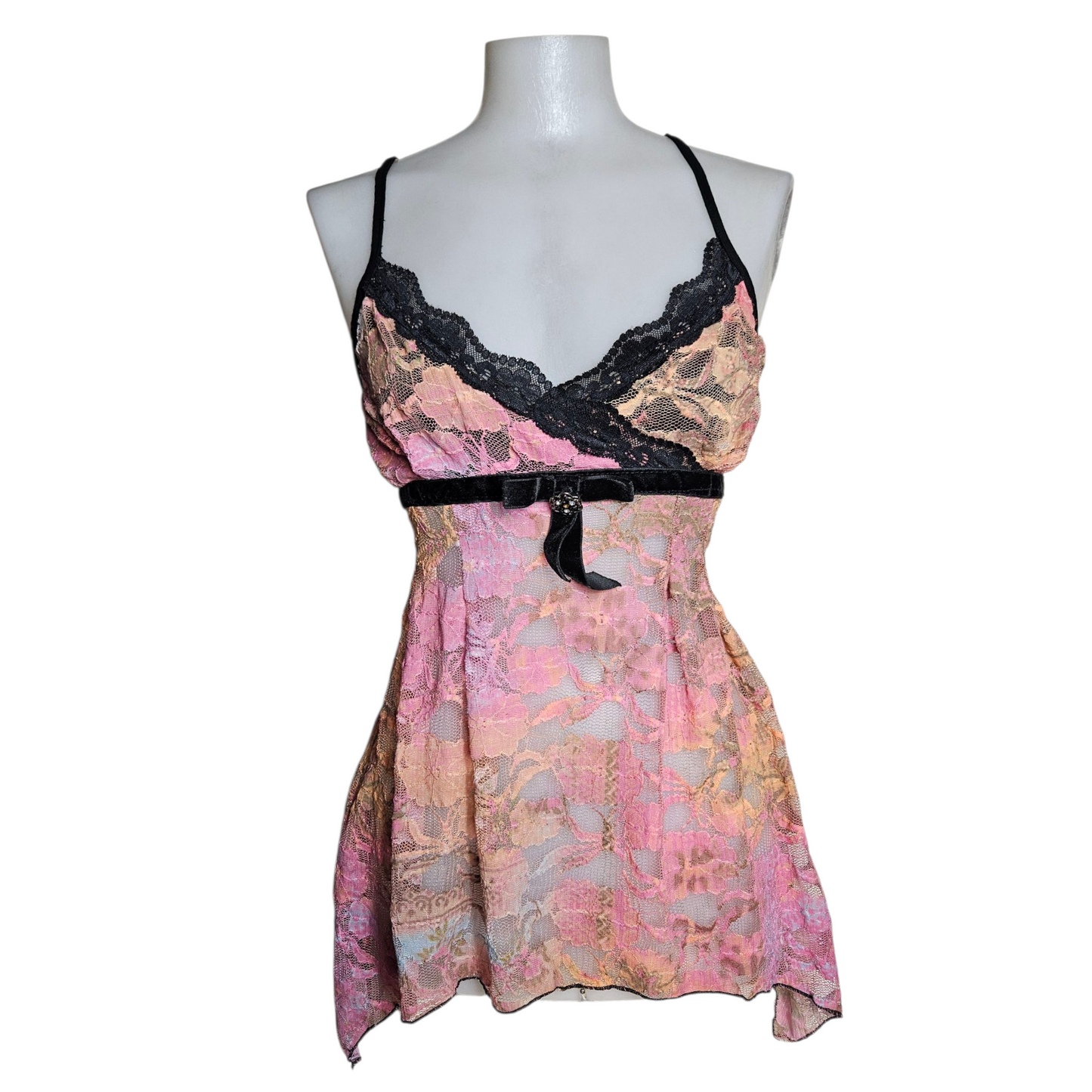 Asymmetrical pink and orange lace top
