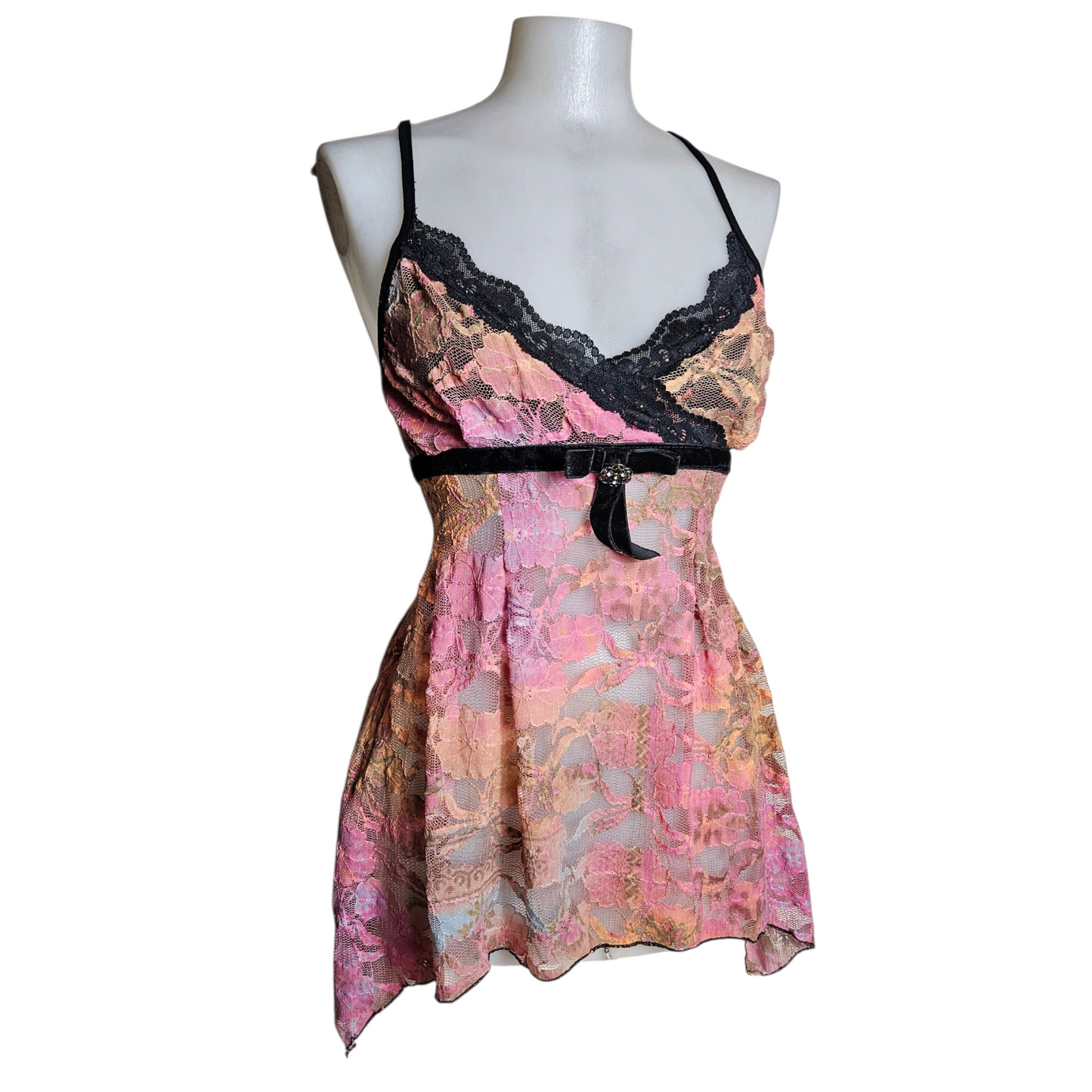 Asymmetrical pink and orange lace top