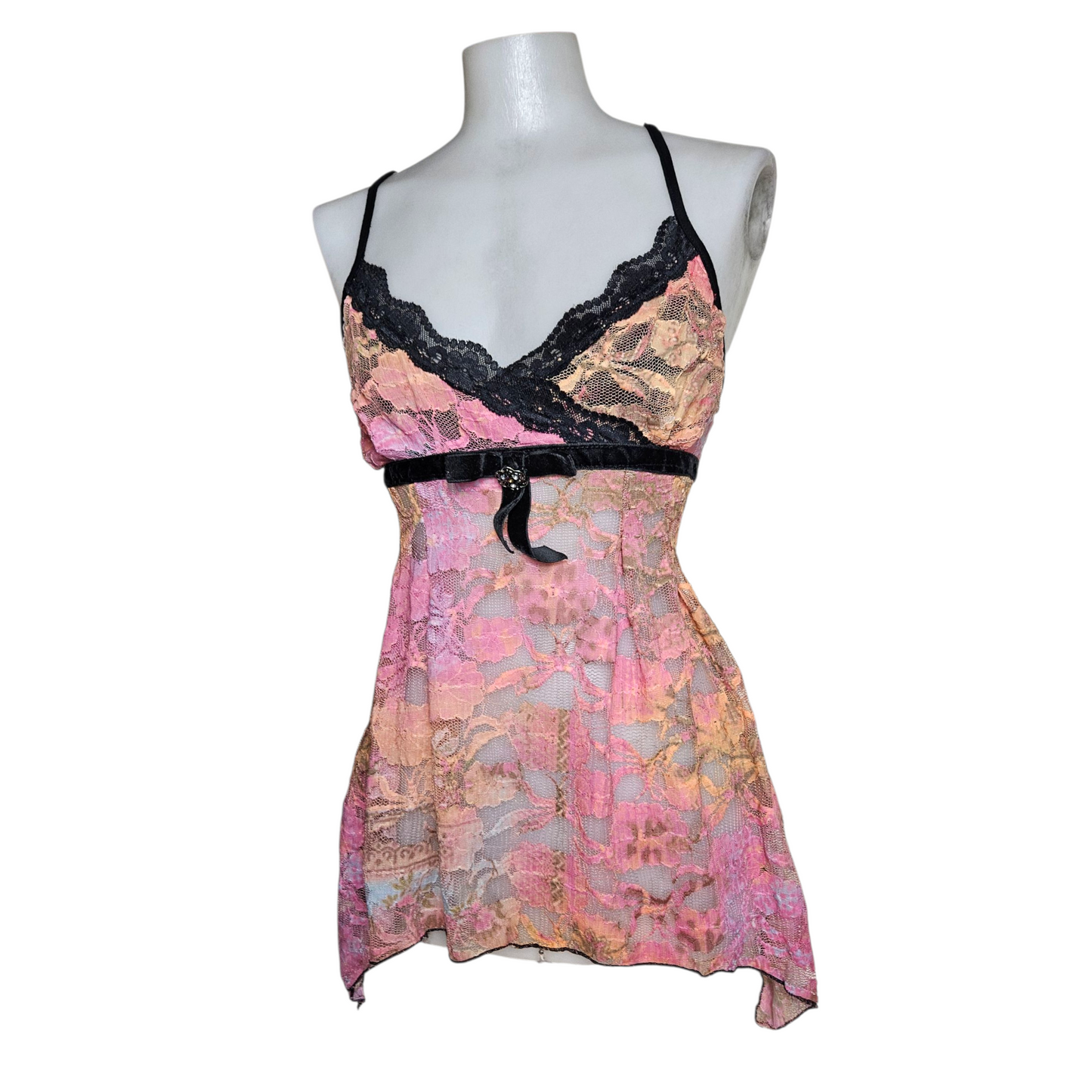 Asymmetrical pink and orange lace top