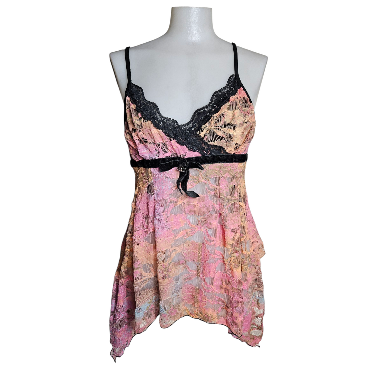 Asymmetrical pink and orange lace top
