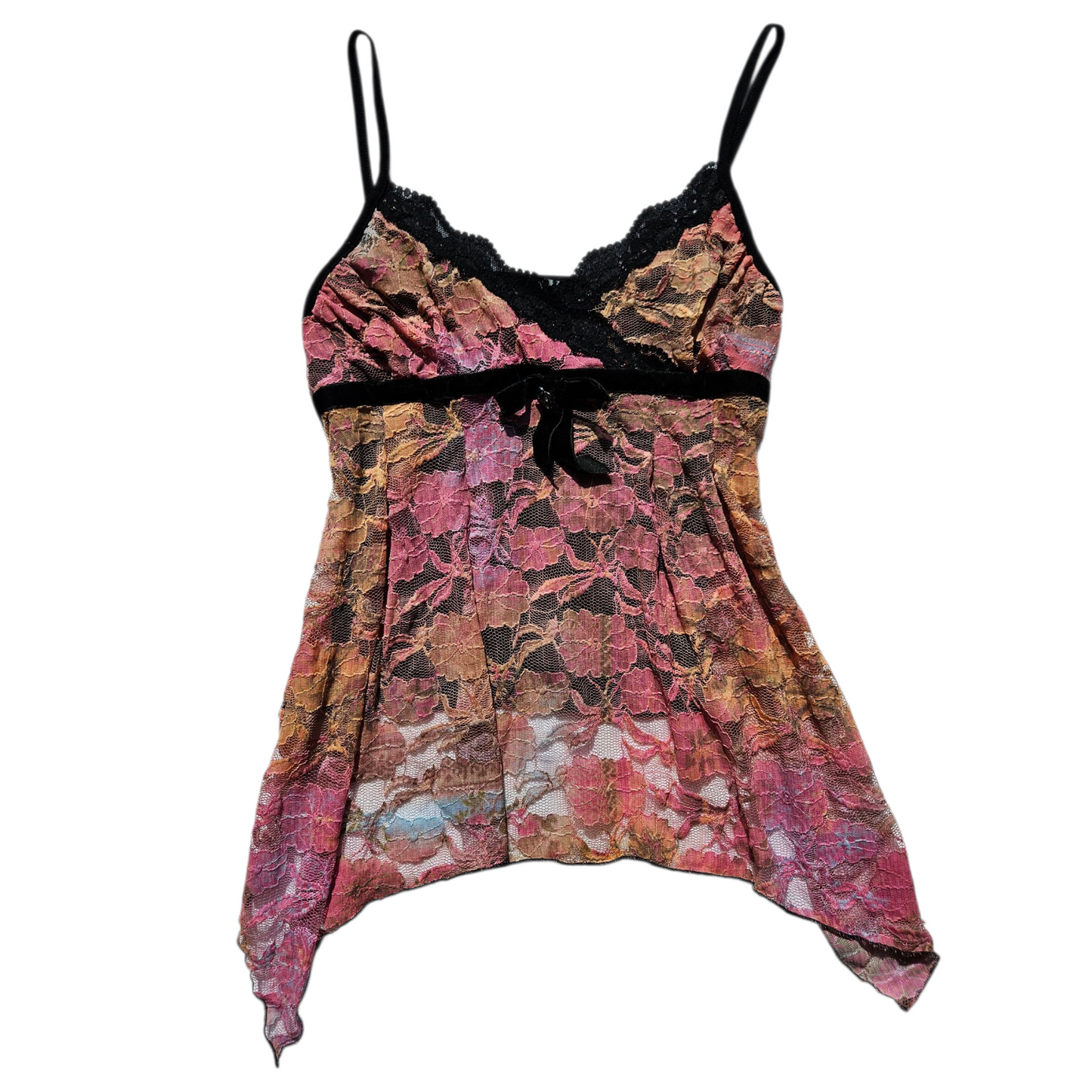 Asymmetrical pink and orange lace top
