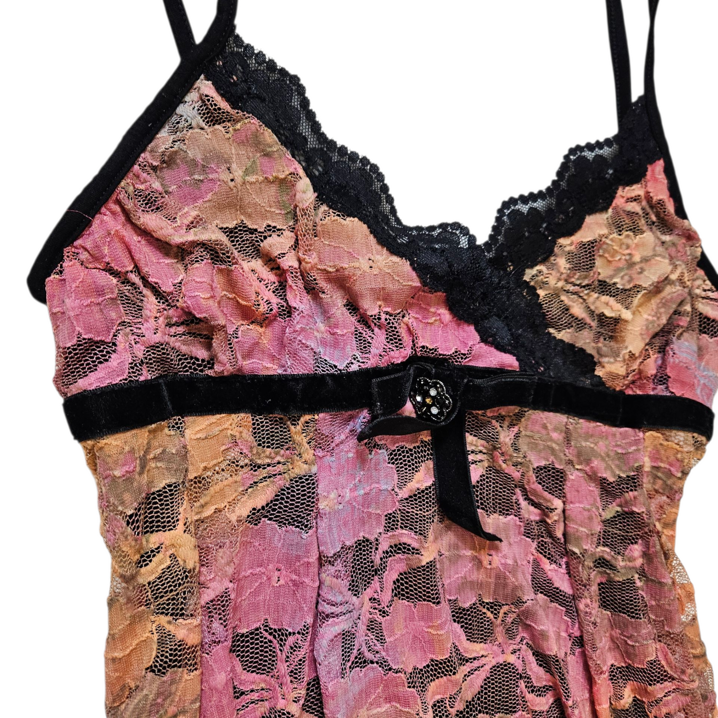 Asymmetrical pink and orange lace top