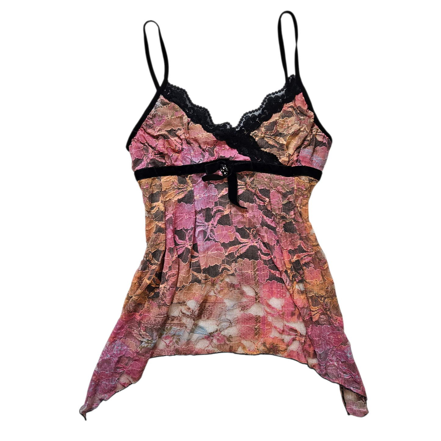 Asymmetrical pink and orange lace top