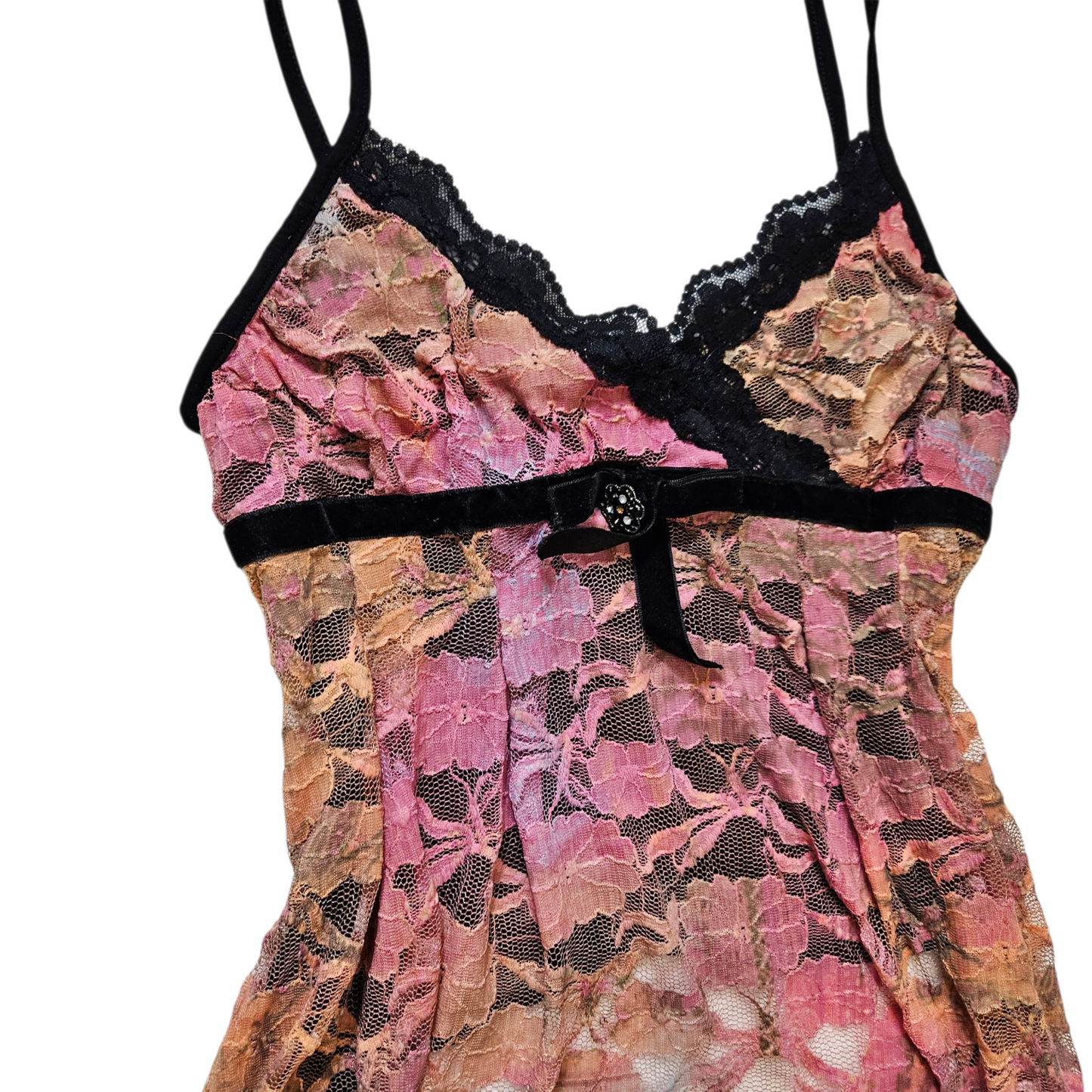 Asymmetrical pink and orange lace top
