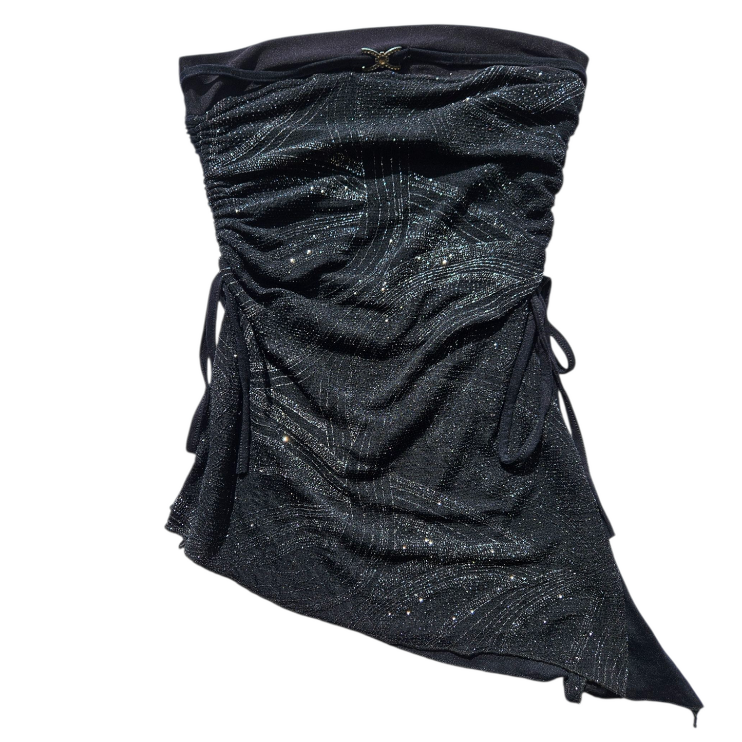 Asymmetrical strapless top with silver rhinestones