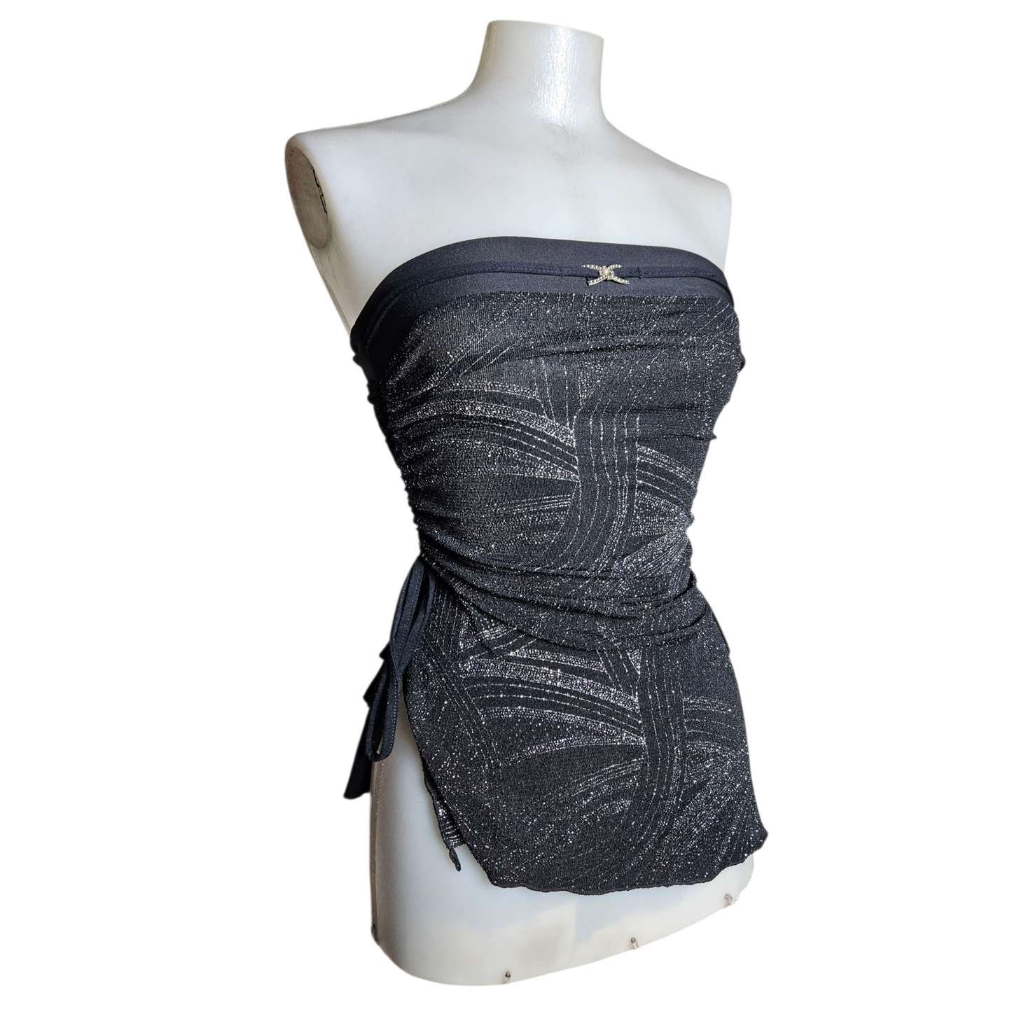 Asymmetrical strapless top with silver rhinestones