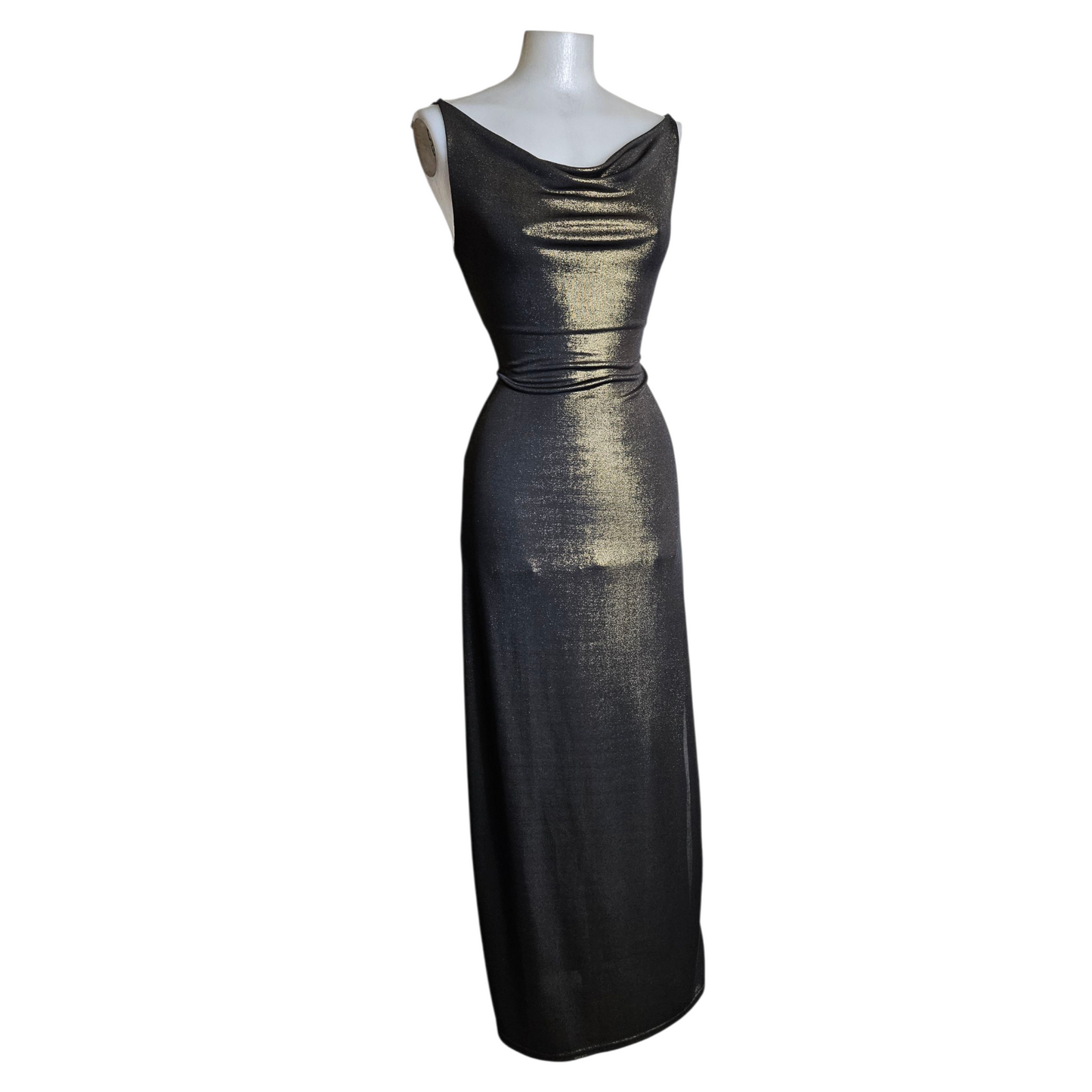 Maxi dress with a cowl neck and gold highlights