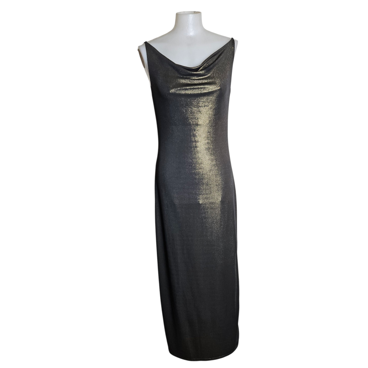 Maxi dress with a cowl neck and gold highlights