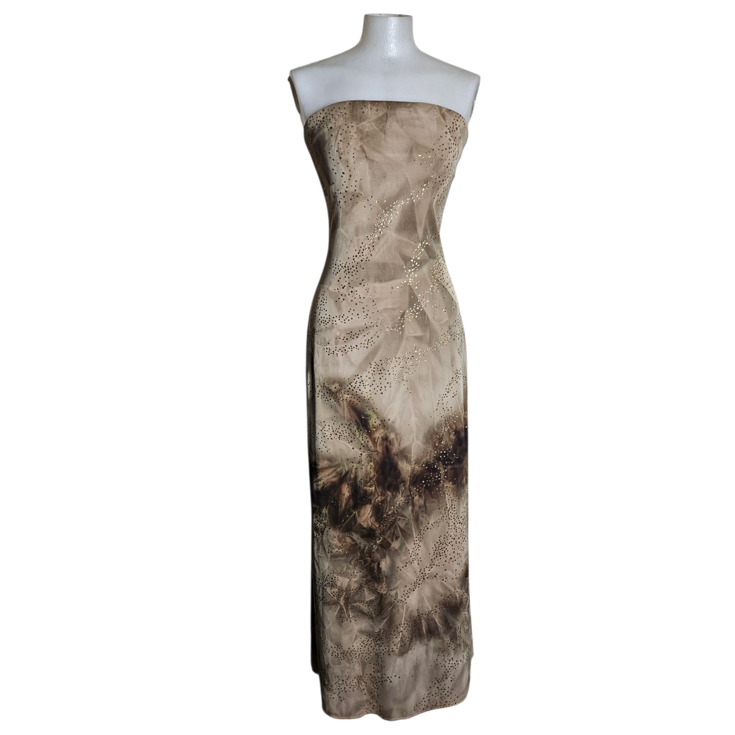 Brown tie-dye strapless dress with gold rhinestones